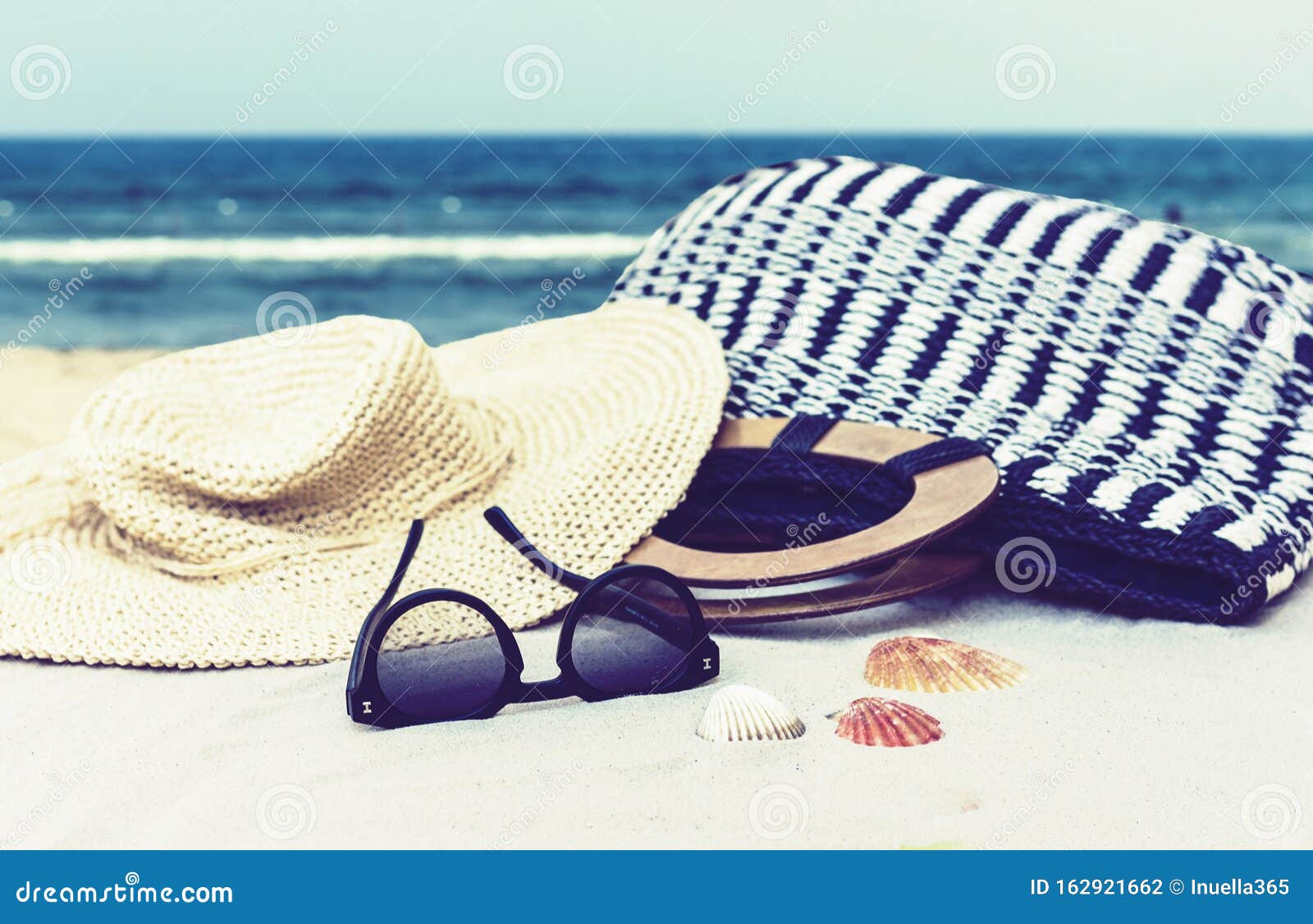 Vintage Summer Wicker Straw Beach Bag, Hat and Sunglasses on the ...