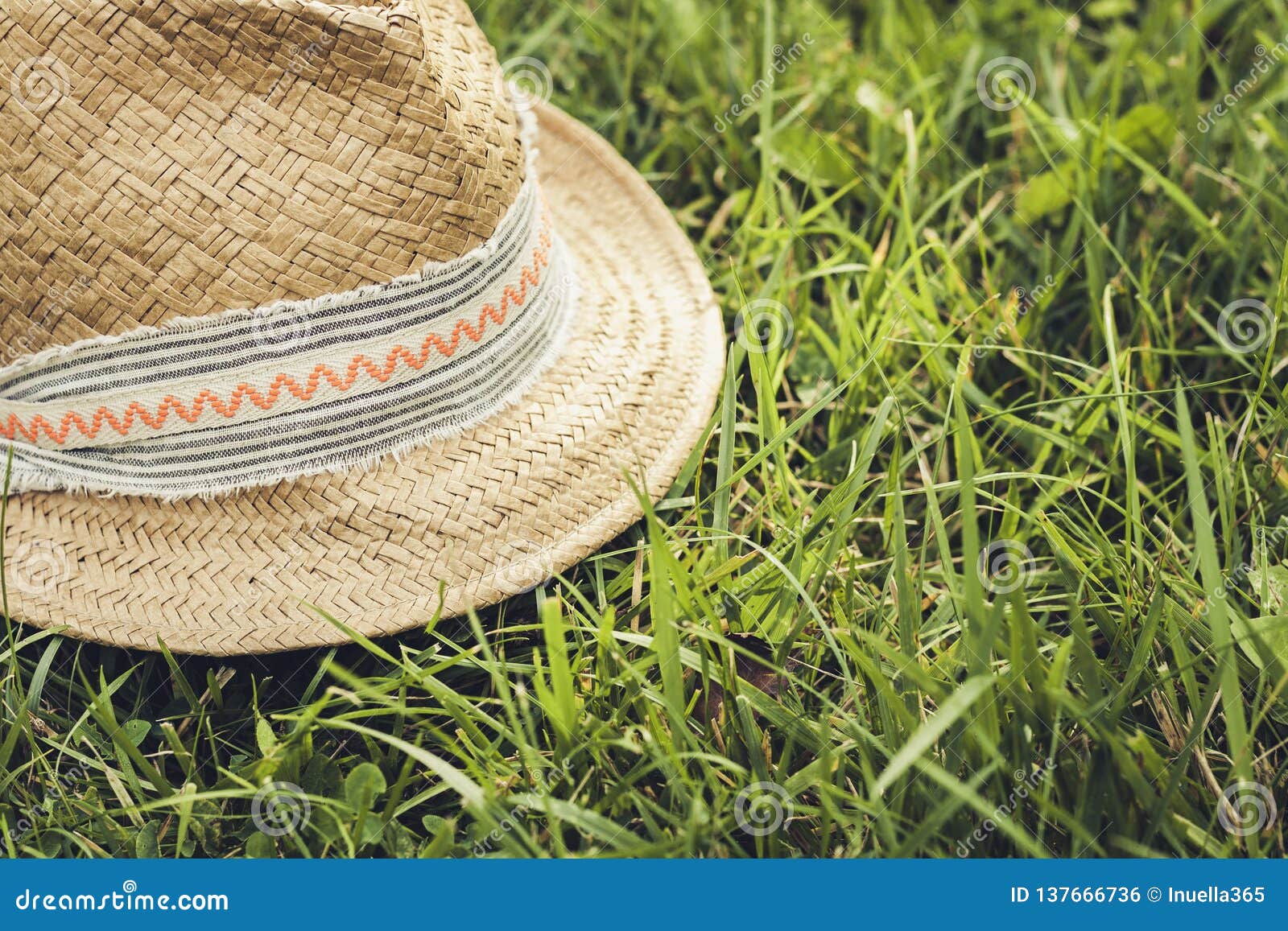 Vintage Summer Wicker Straw Beach Hat, on the Lawn in Park Stock Photo ...