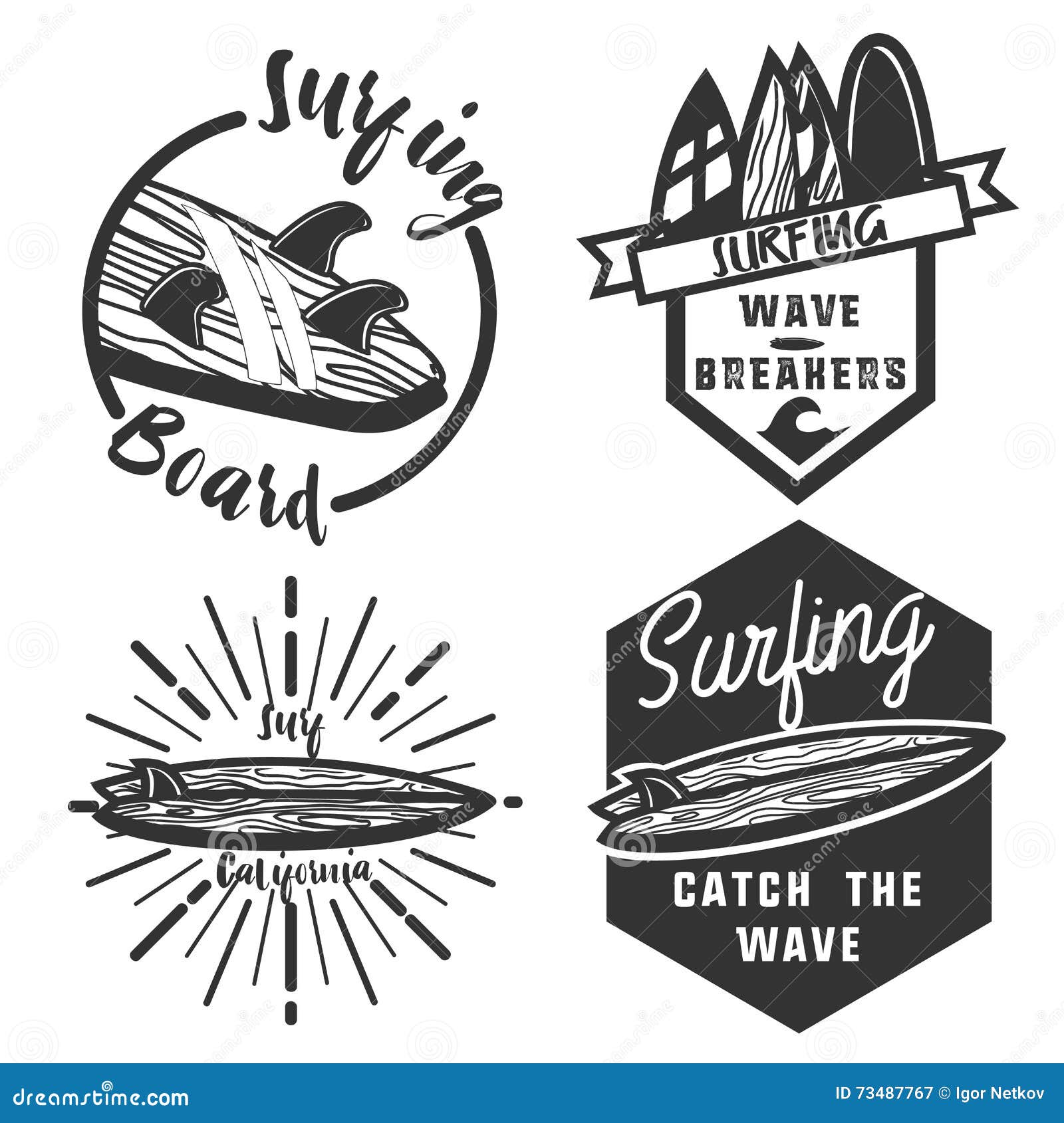 Vintage surfing emblems stock vector. Illustration of ocean - 73487767