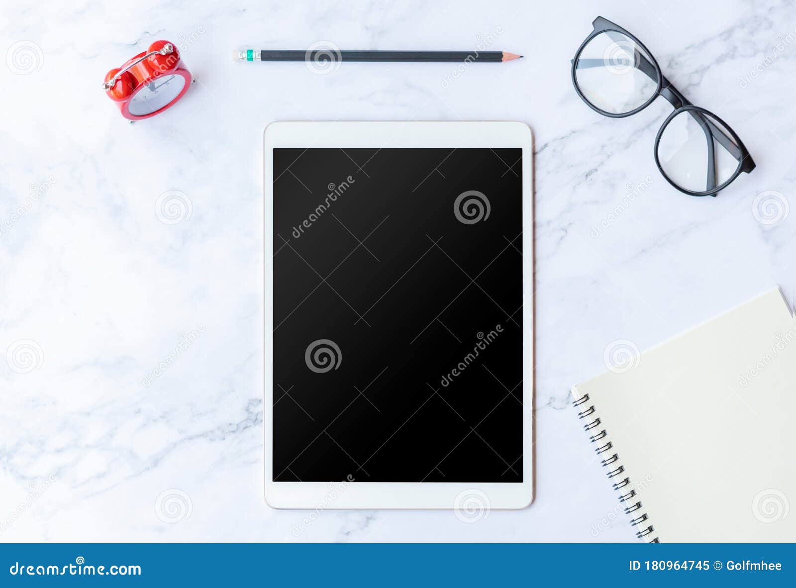 Wide Tablet Mockup Flat Lay On Old White Marble Table Top