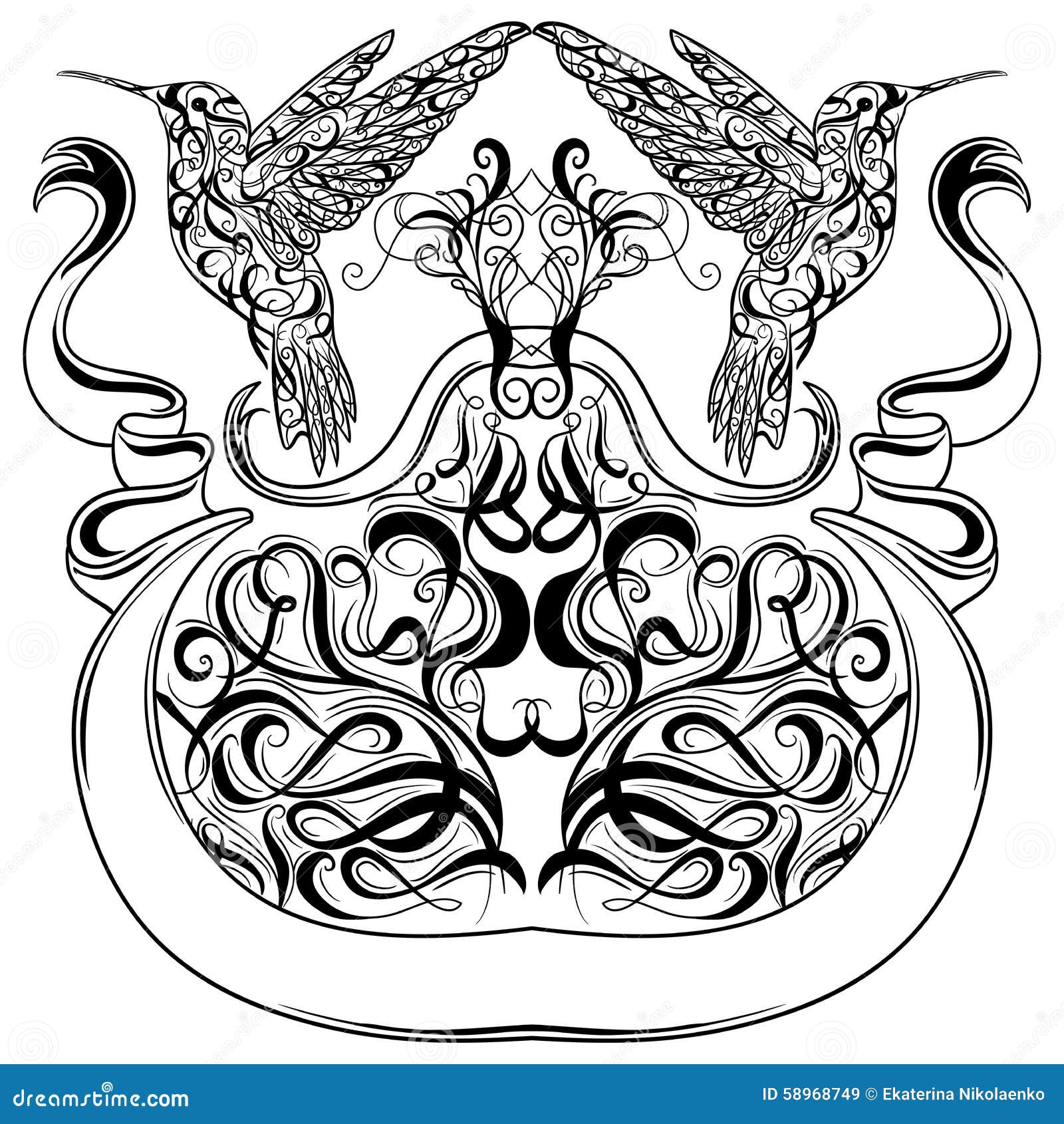 Vintage Tattoo Art Design with Hummingbird, Decorative Calligraphy Elements and Ribbon Banner. Victorian Motif Stock Vector - Illustration of antique, indian: 58968749