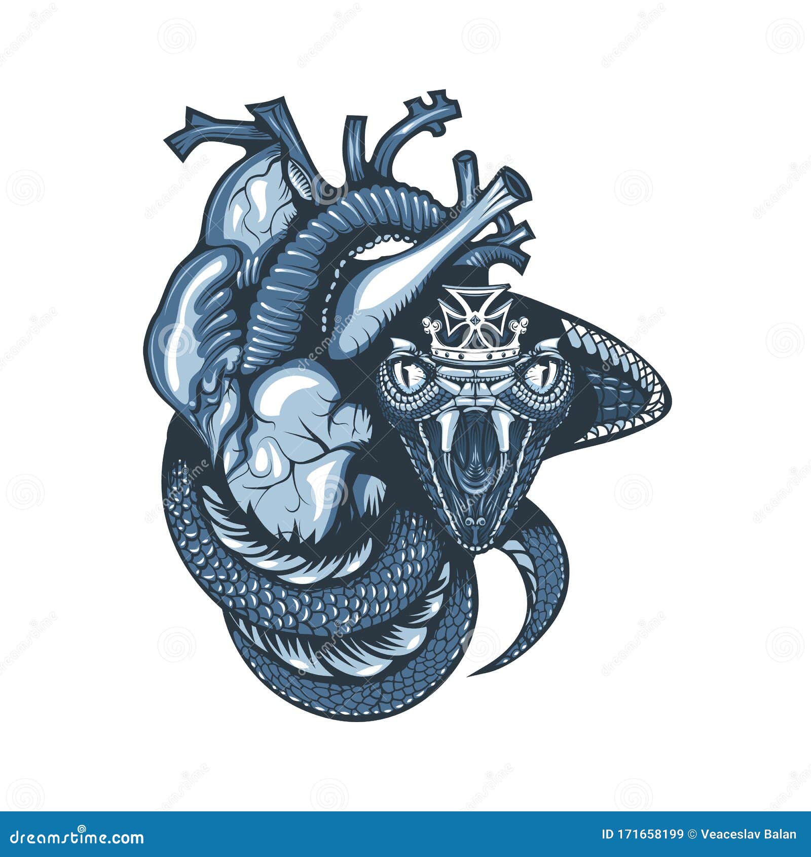 Vintage Tattoo Design with Cobra and Crown Covering a Human Heart Stock Vector - Illustration of human, meaning: 171658199