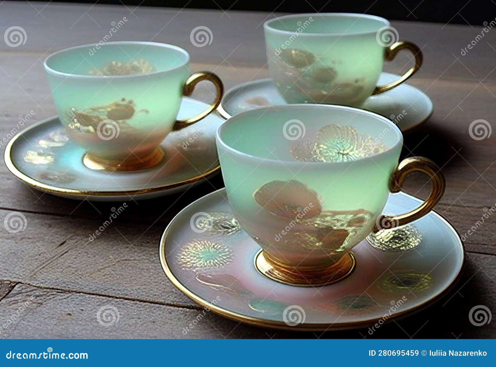 Vintage Tea Cups and Saucers. AI Generated Stock Illustration