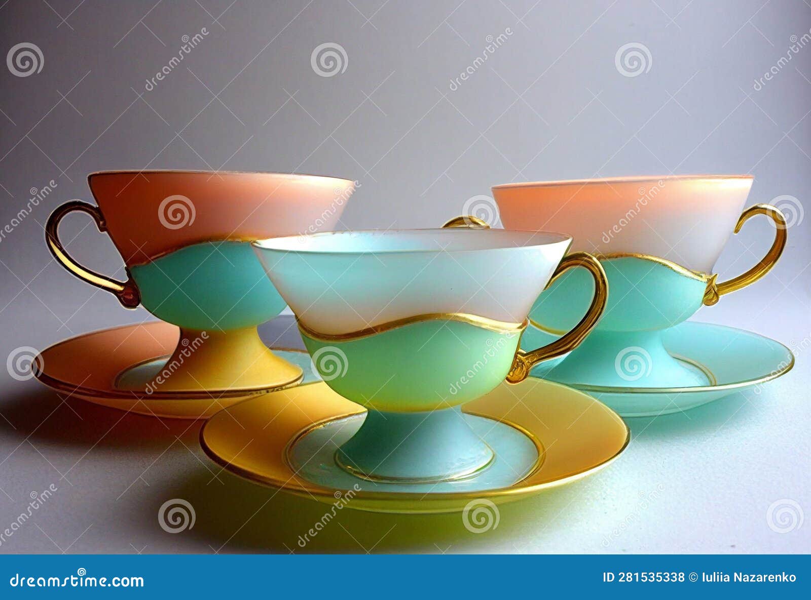 Vintage Tea Cups and Saucers. AI Generated Stock Illustration