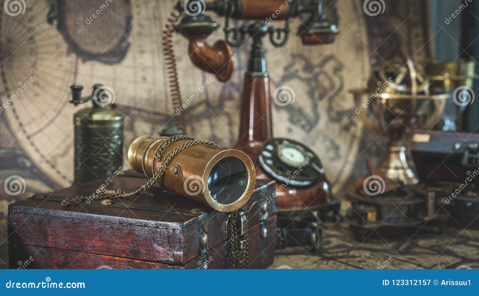 Vintage Telescope and Old Pirate Collection Stock Image - Image of  geography, ocean: 123312157