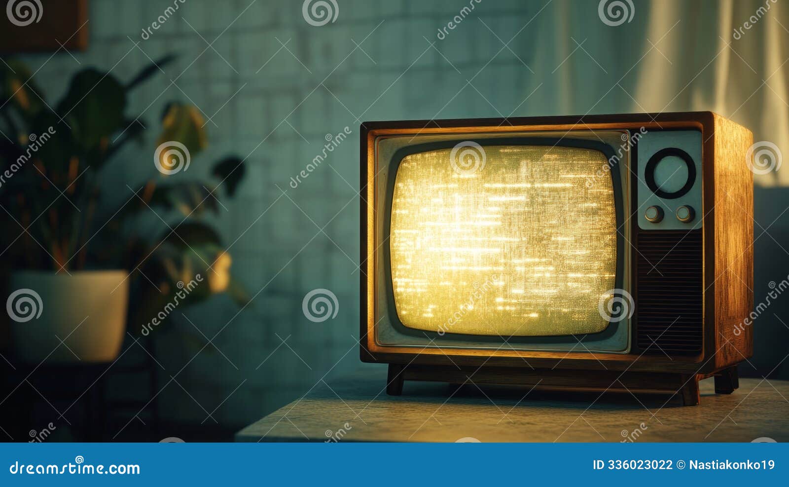 vintage television with static on screen in dimly lit room, nostalgic ambiance. retro technology and interior 