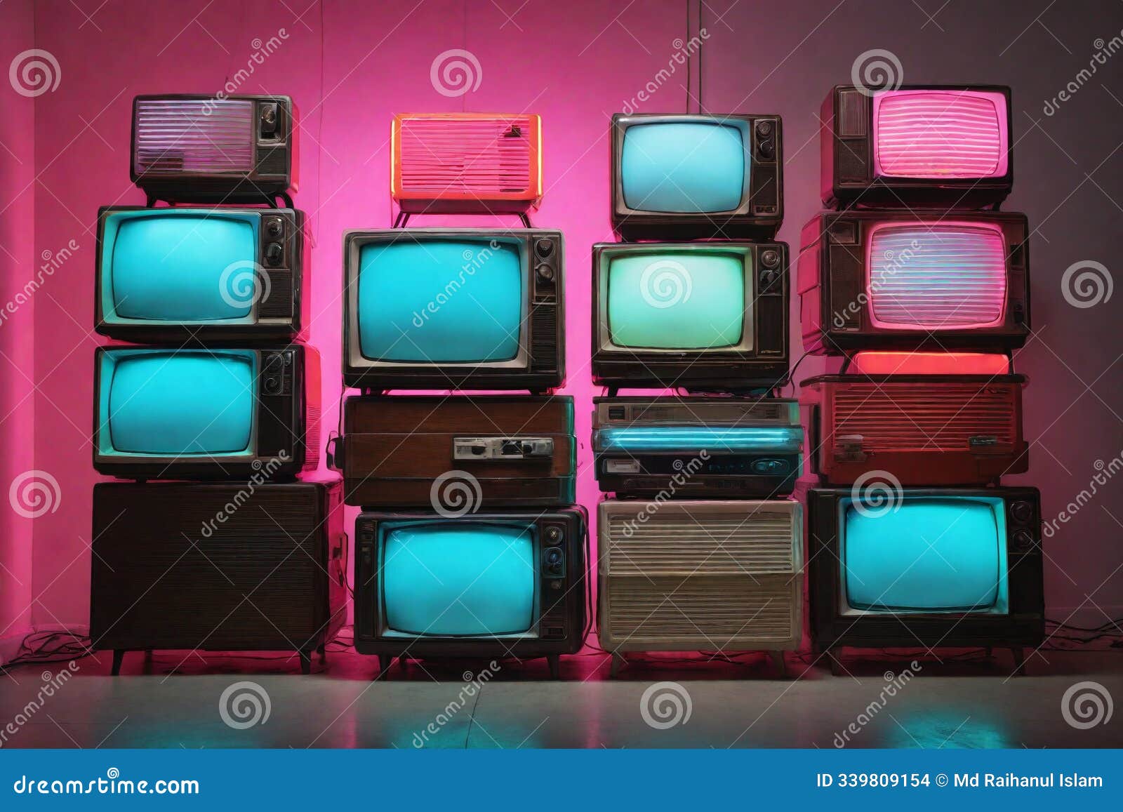 vintage televisions piled up against colorful neon glow â retro tech vibe.