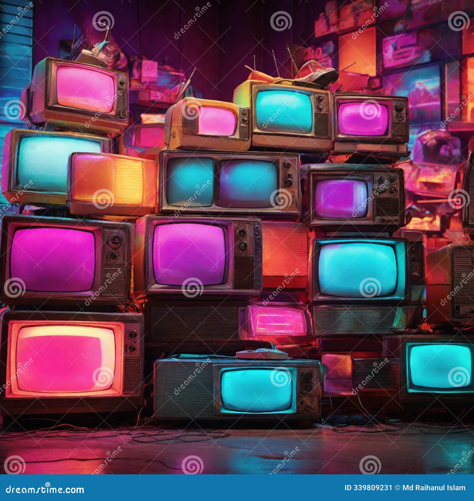vintage televisions piled up against colorful neon glow â retro tech vibe.