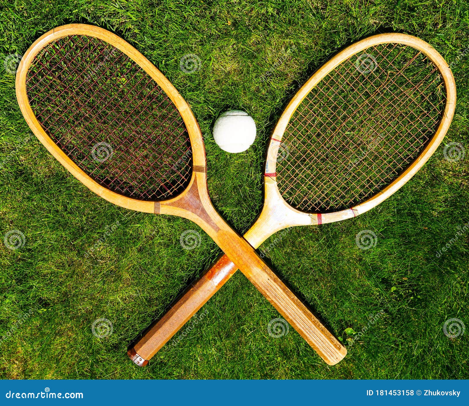 Vintage Tennis Racquets with Traditional White Ball on Grass Court Stock  Photo - Image of competition, objects: 181453158