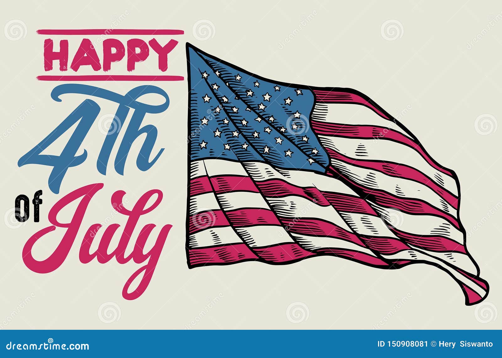 Vintage 4th of July Design with Handdrawn Flag Stock Vector