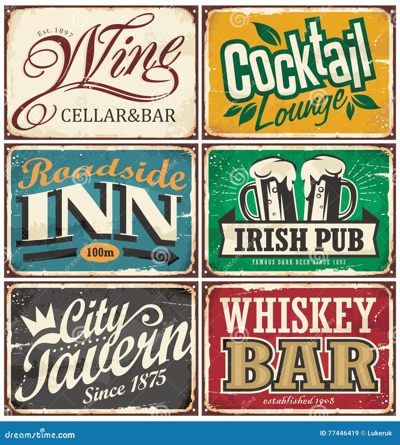vintage tin signs collection with various drinks and beverages themes