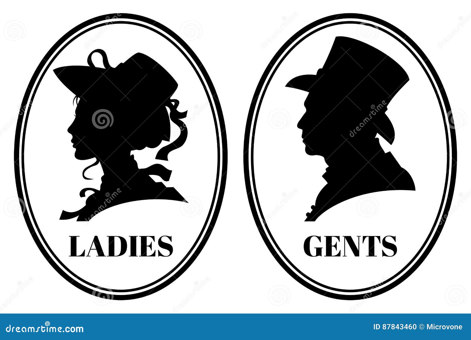 vintage toilet wc  sign with lady and gentleman head in victorian hats and clothes