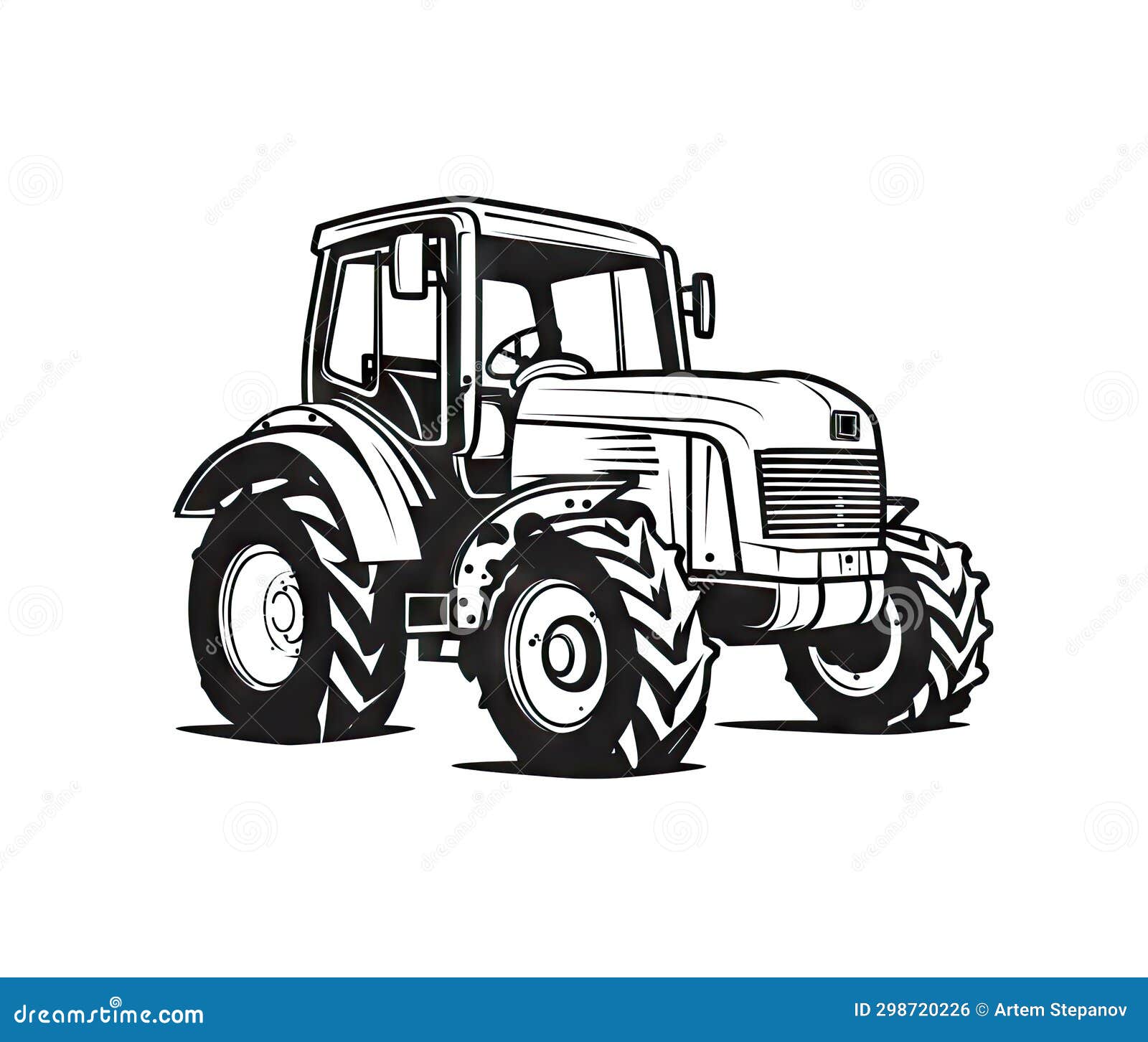 Vintage Tractor Sketch, Farm Vehicle with Large Wheels Black White ...