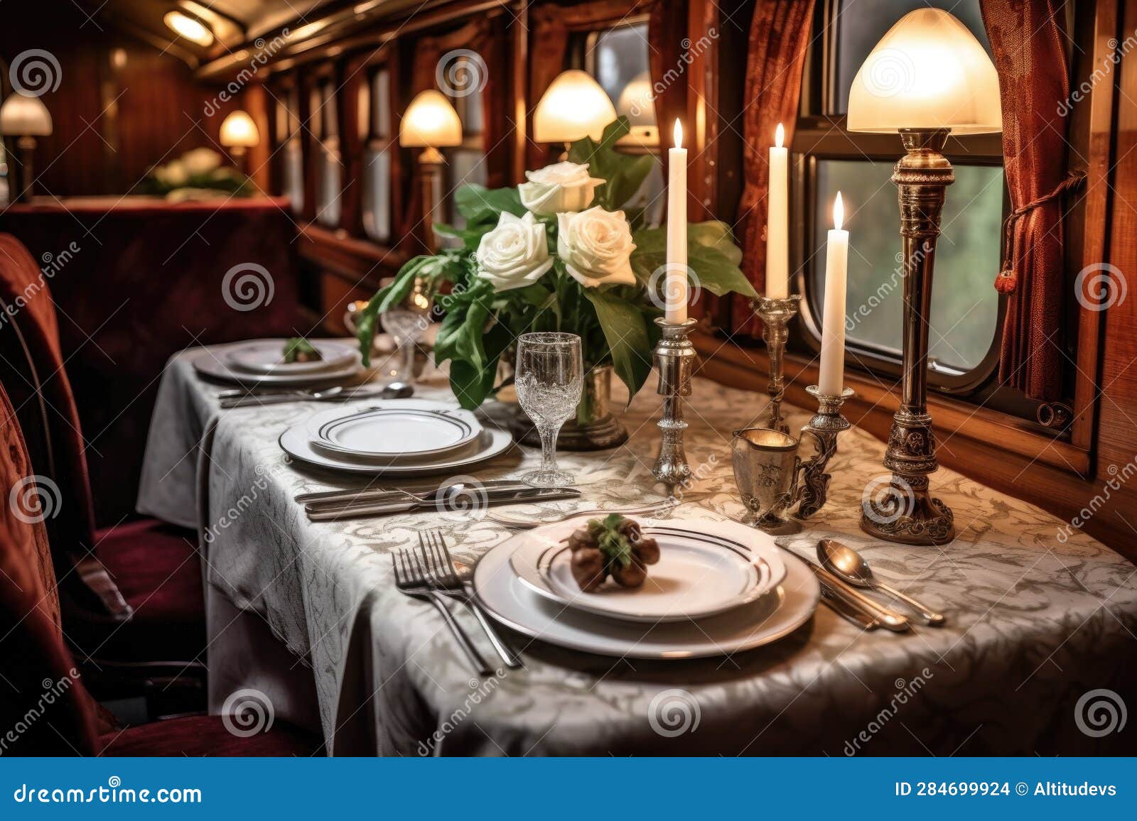 Vintage Train Dining Car with Elegant Table Setting Stock Photo Image of generative, train