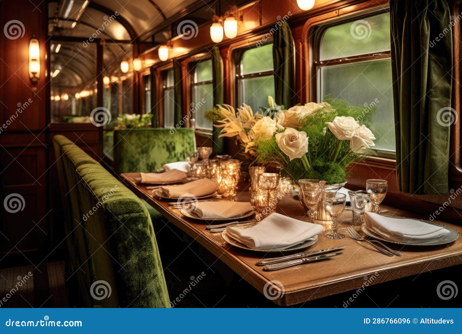 Vintage Train Dining Car with Elegant Table Setting Stock Photo Image of food, glassware