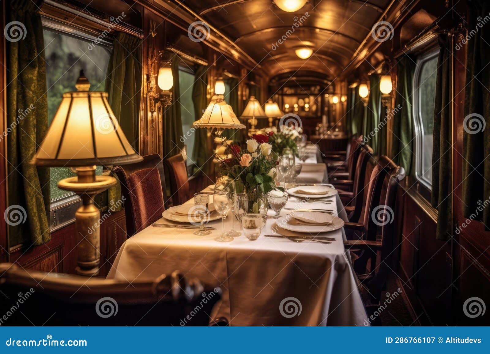Vintage Train Dining Car with Elegant Table Settings Stock Illustration Illustration of