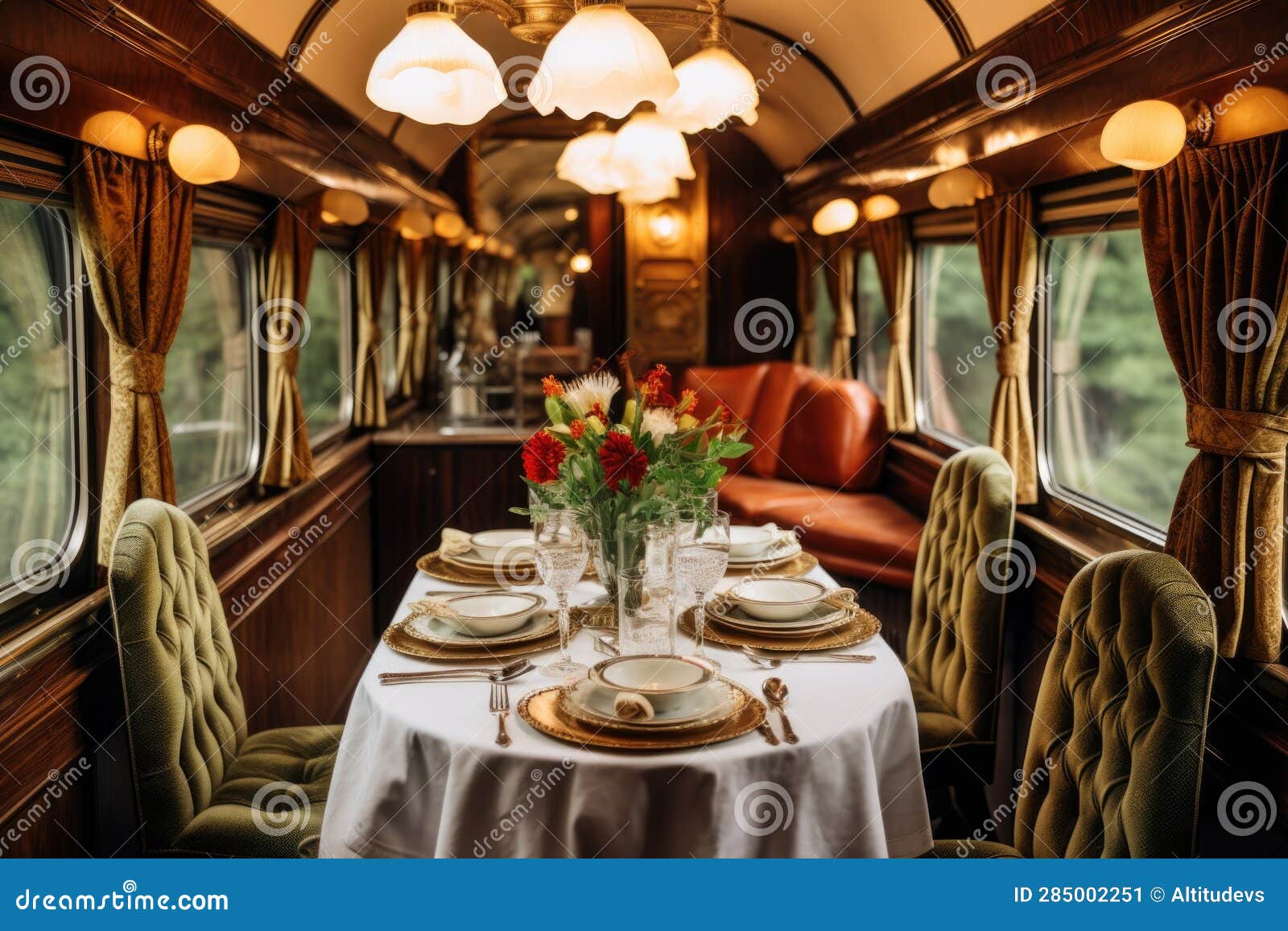 Vintage Train Dining Car with Elegant Table Settings Stock Illustration Illustration of travel