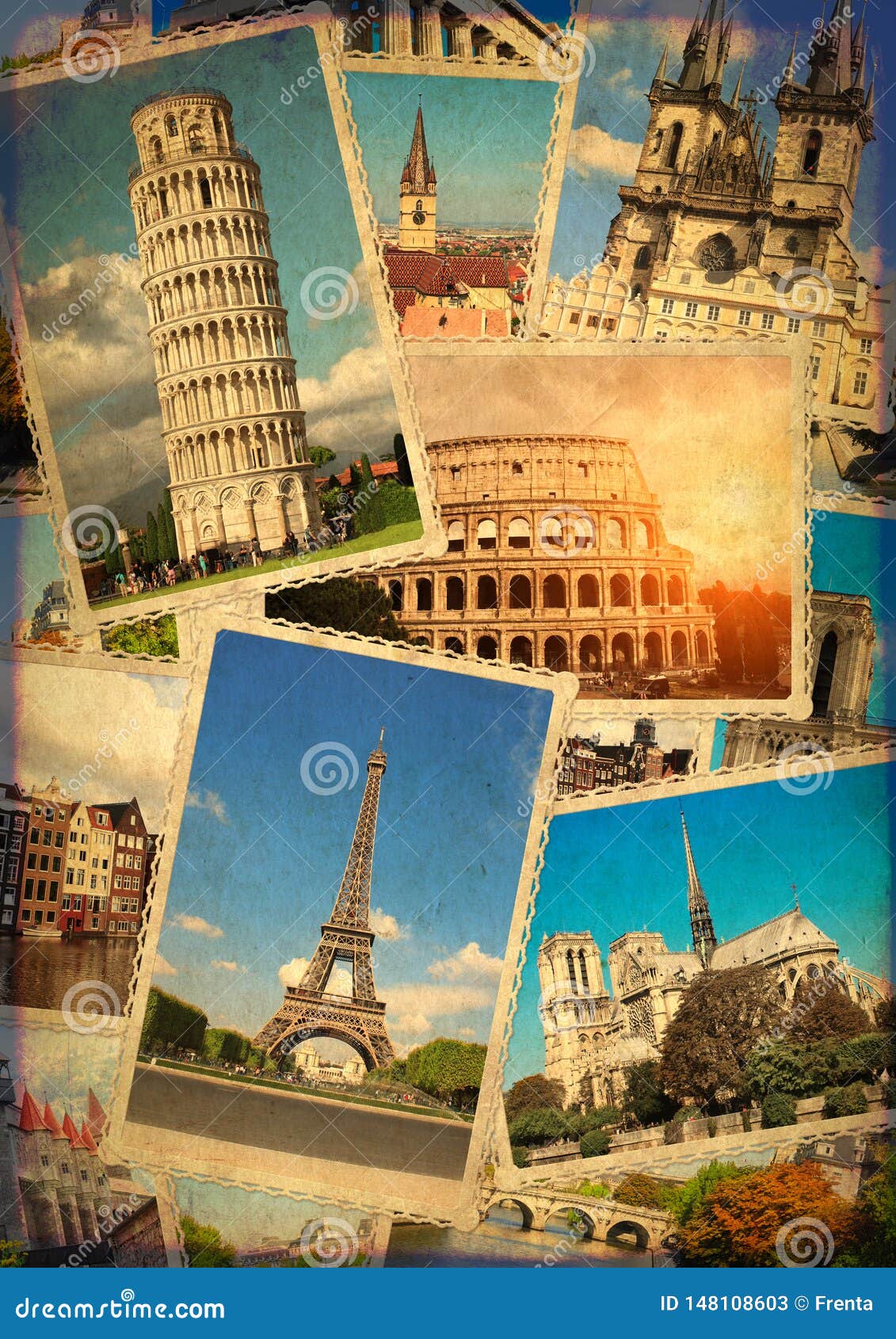 Vintage Travel Background with Retro Photos of European Landmarks Stock ...