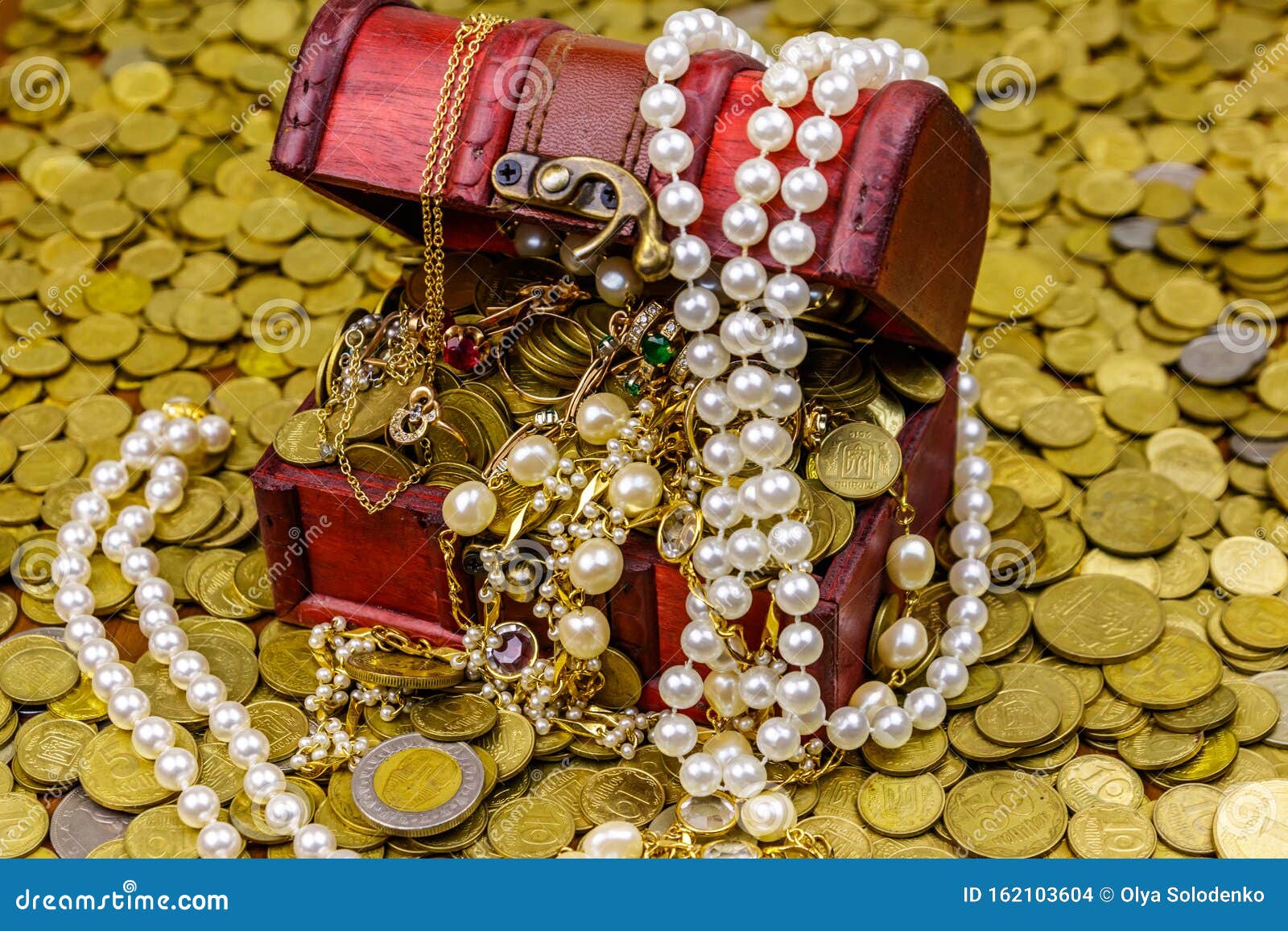 Vintage Treasure Chest Full Of Gold Coins And Jewelry On A Background ...