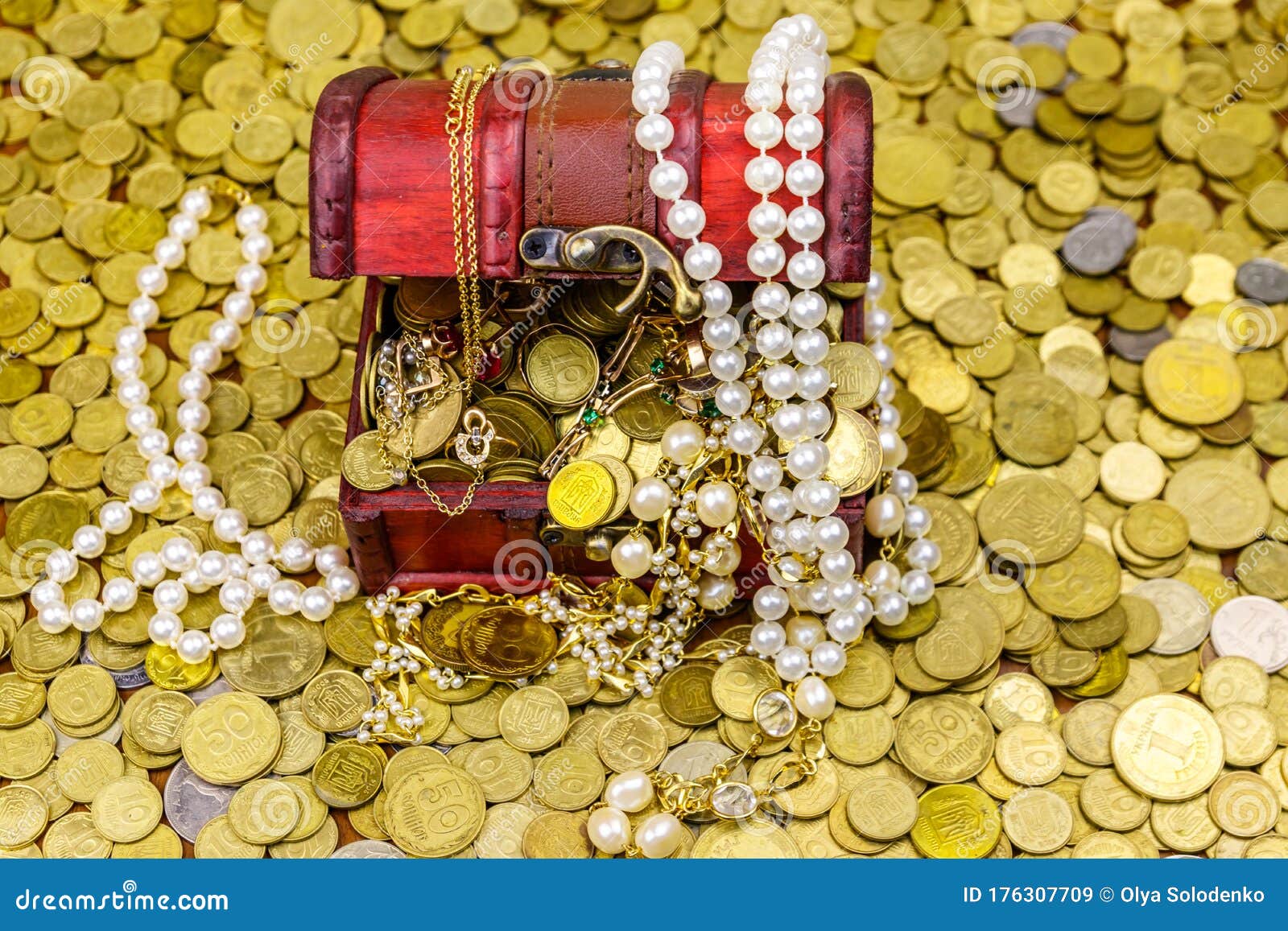 Vintage Treasure Chest Full Of Gold Coins And Jewelry On A Background ...