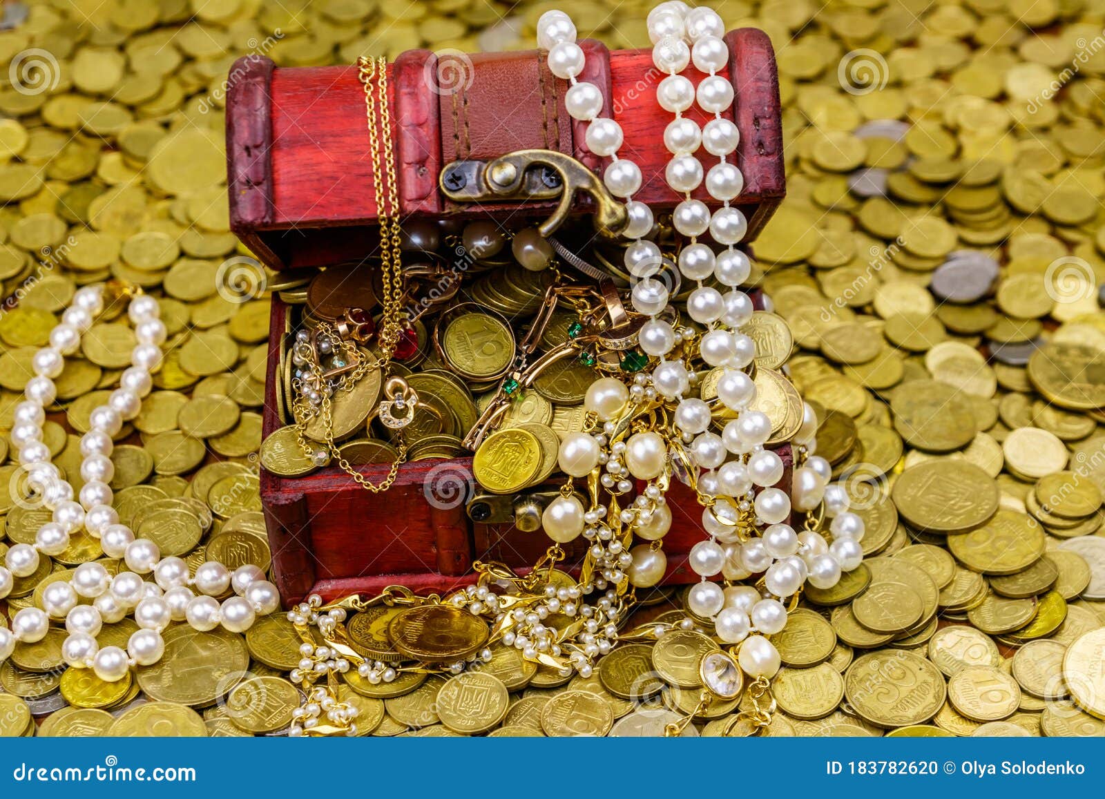 Vintage Treasure Chest Full Of Gold Coins And Jewelry On Background Of ...