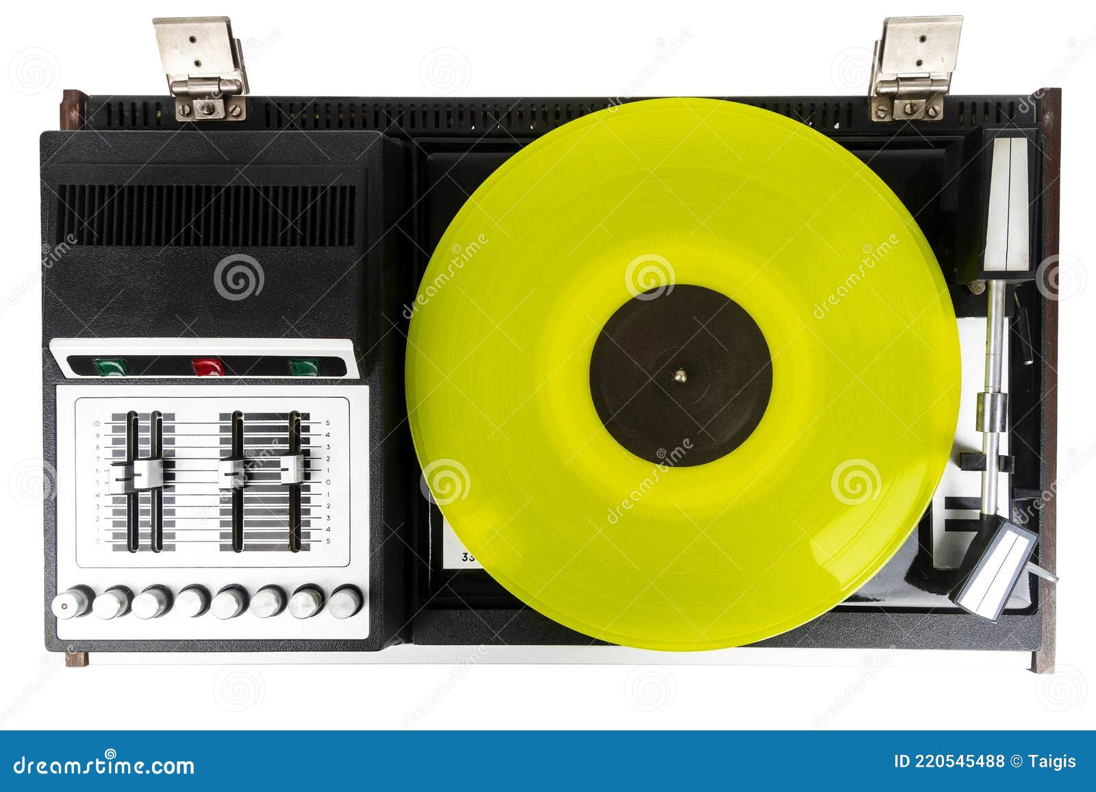 Vintage Turntable Vinyl Record Player with Yellow Vinyl Stock Photo
