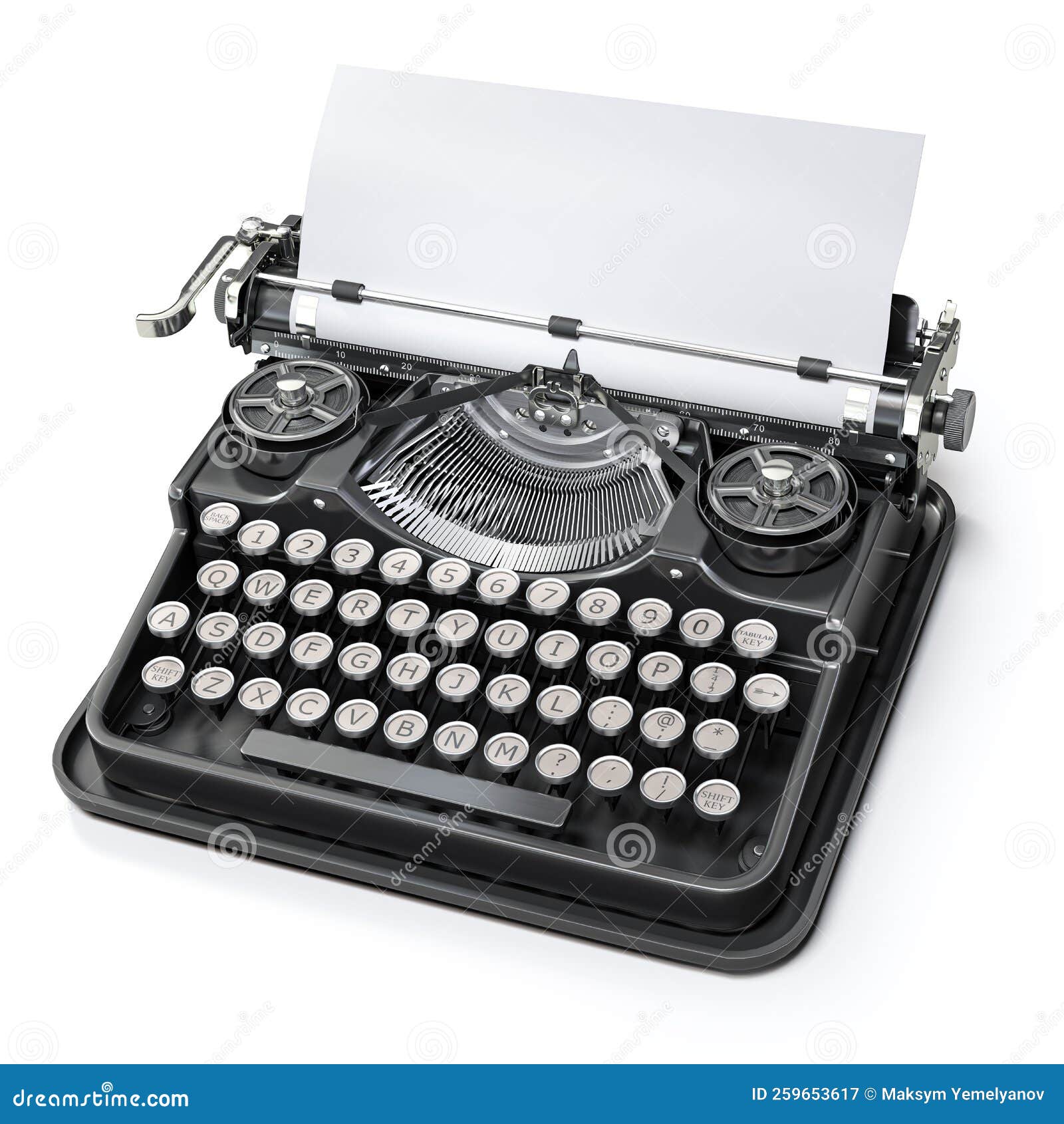 Vintage Typewriter with Blank Sheet Isolated on White Stock