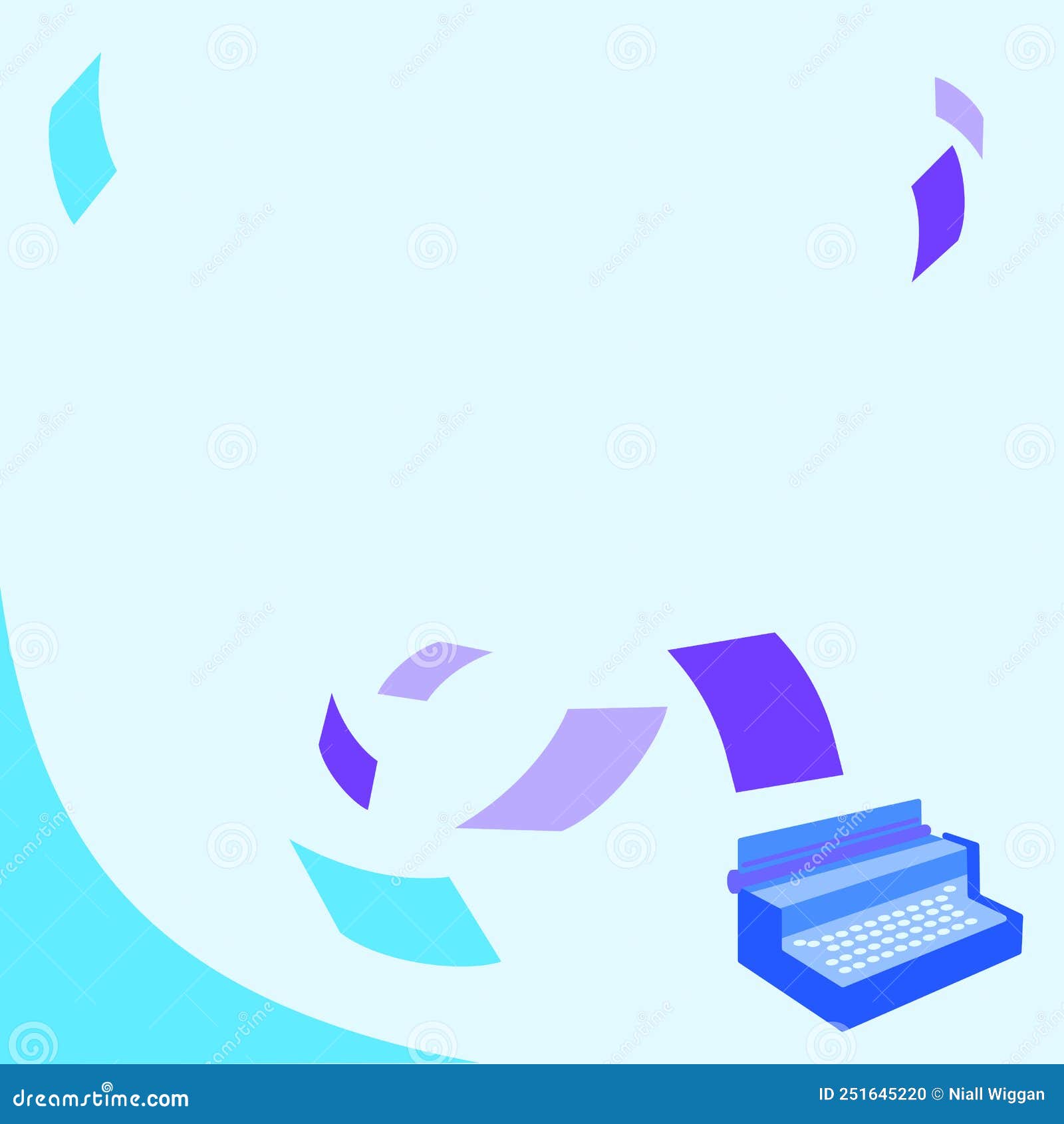 Vintage Typewriter Drawing with Multiple Floating Papers. Old