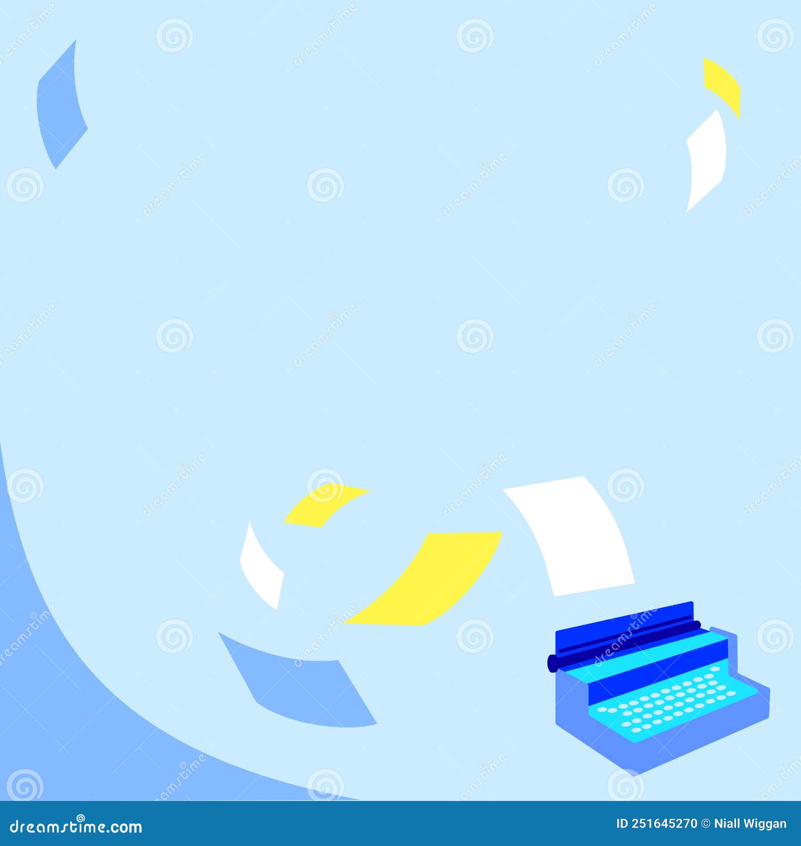 Vintage Typewriter Drawing with Multiple Floating Papers. Old