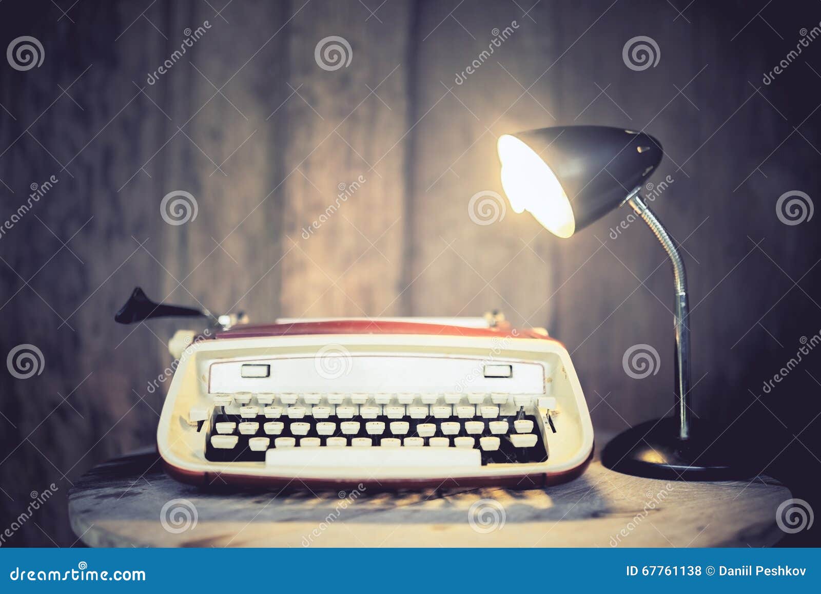 Vintage Typewriter with Lamp on Round Wooden Table Stock Photo Image