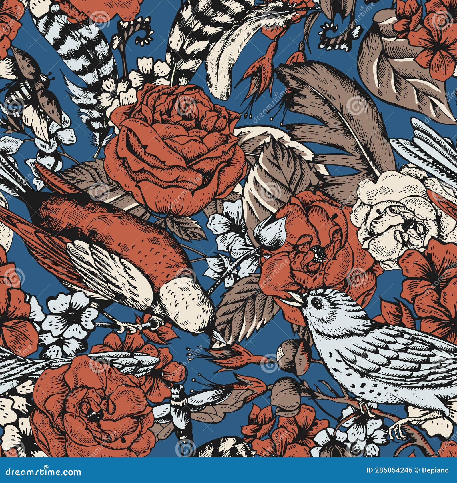 vintage  roses and birds seamless pattern, dark botanica