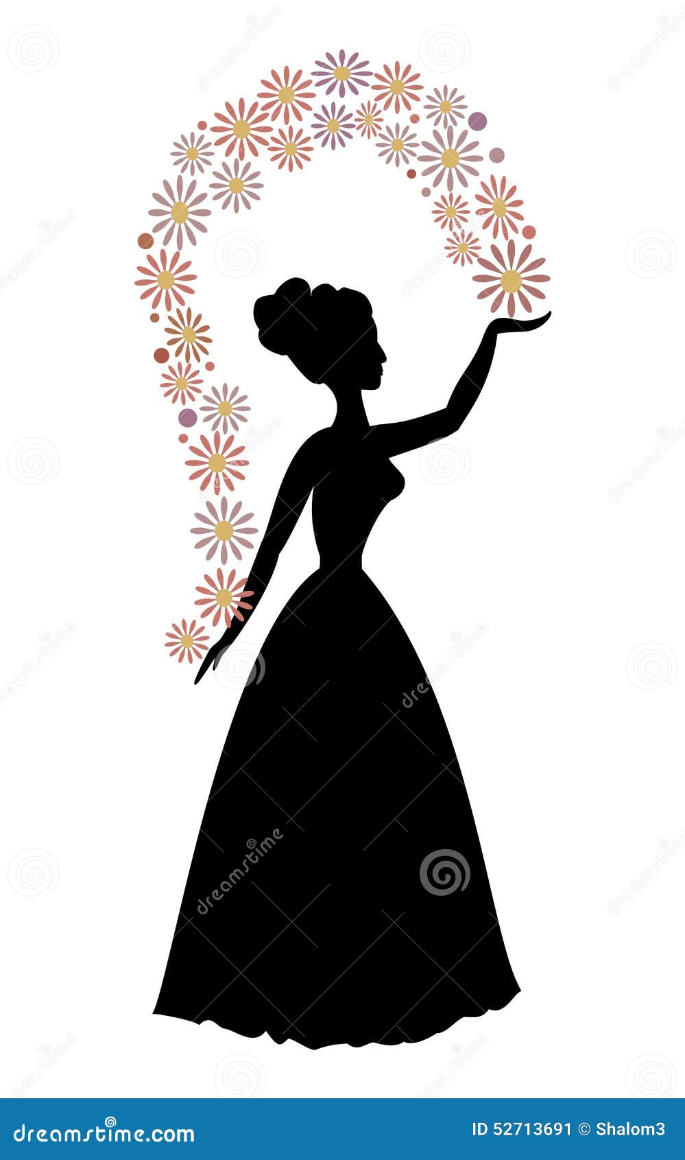 Download Vintage Vector Silhouette Of A Woman Throwing Flowers, Beautiful Decorative Motif Stock Vector ...