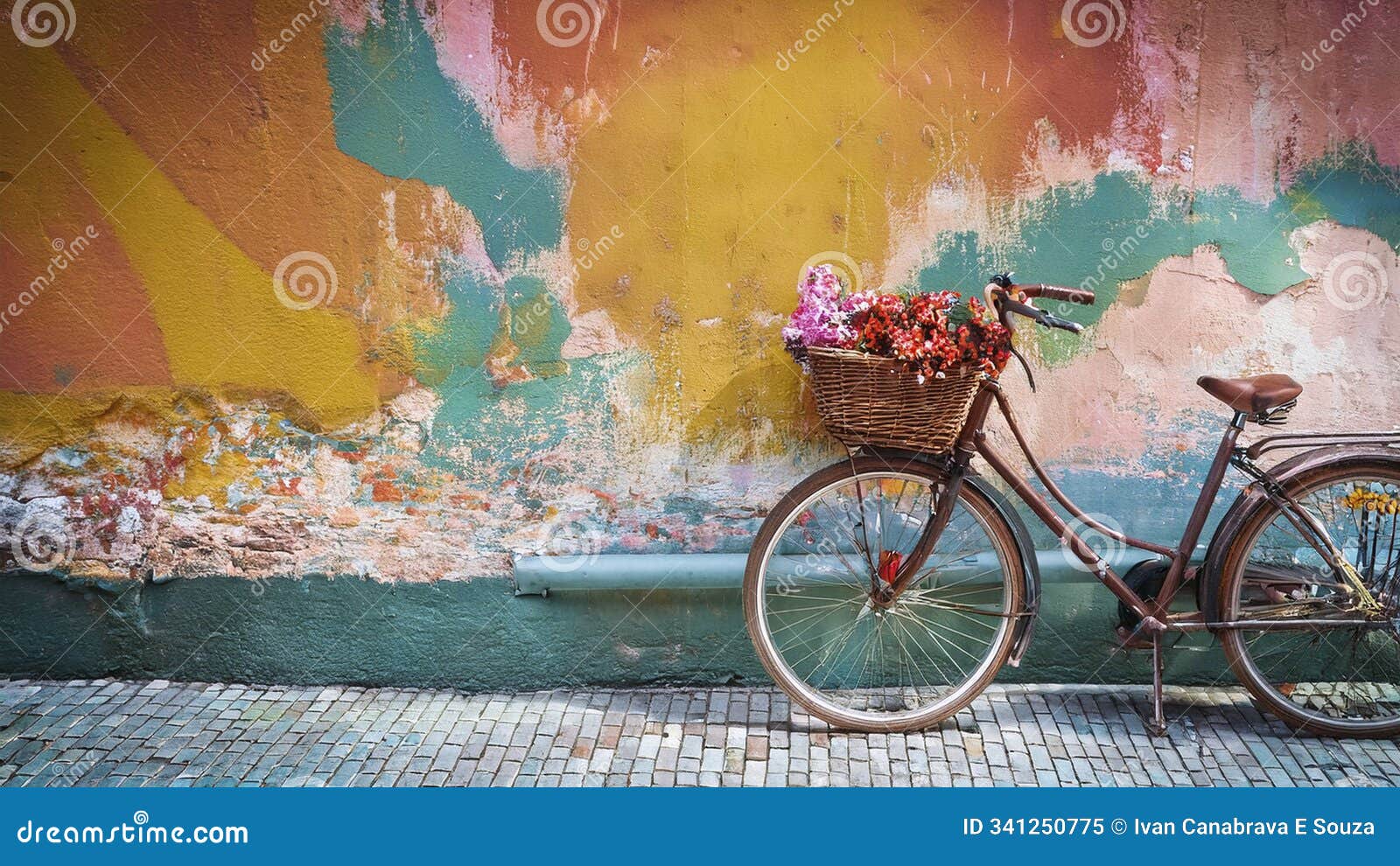 vintage wall with colorful bicycle display