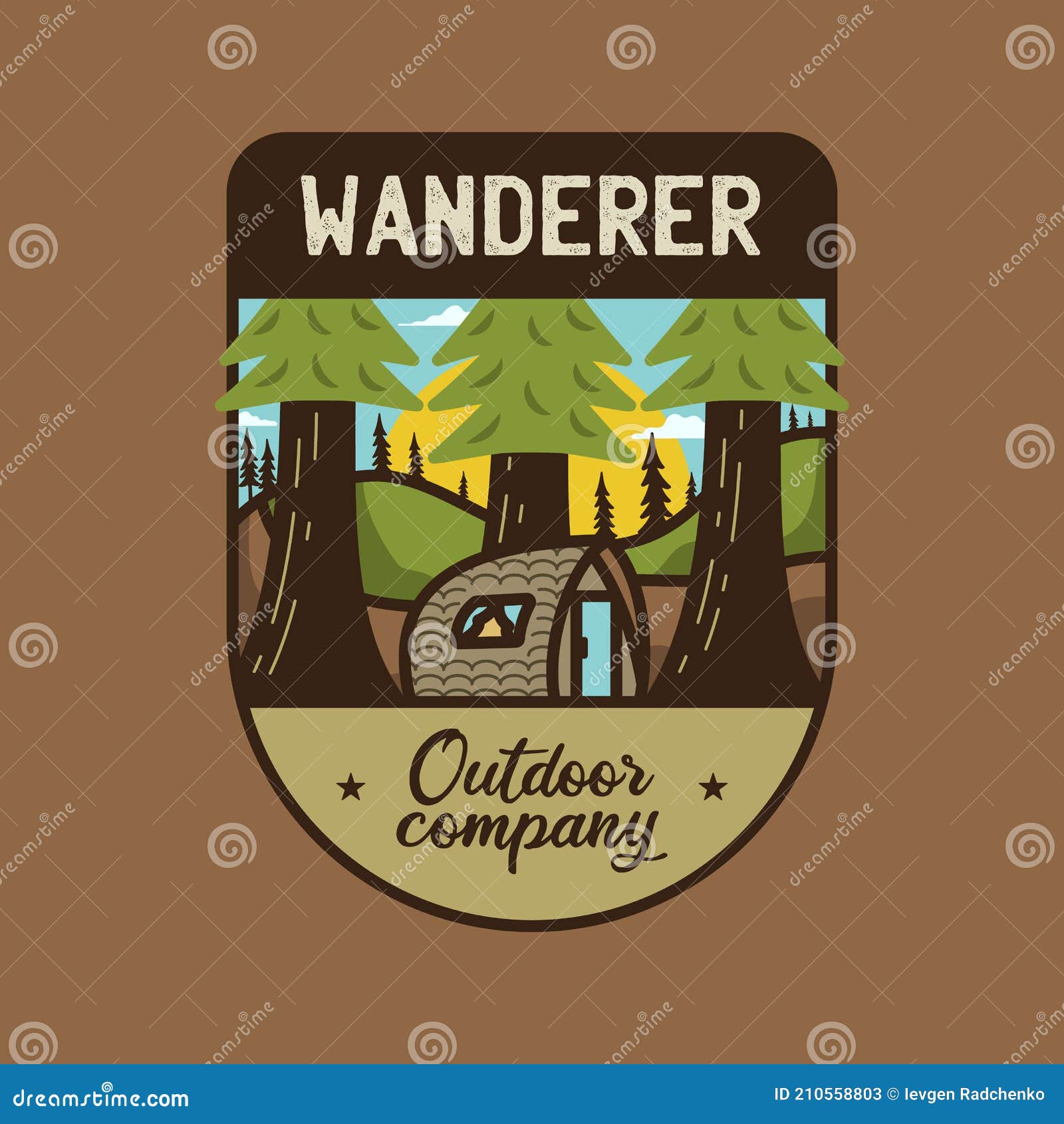 Vintage Wanderer Logo, Outdoor Company Emblem Design with Trees and Cabin.  Unusual Line Art Retro Adventure Sticker Stock Vector - Illustration of  emblem, wildlife: 210558803