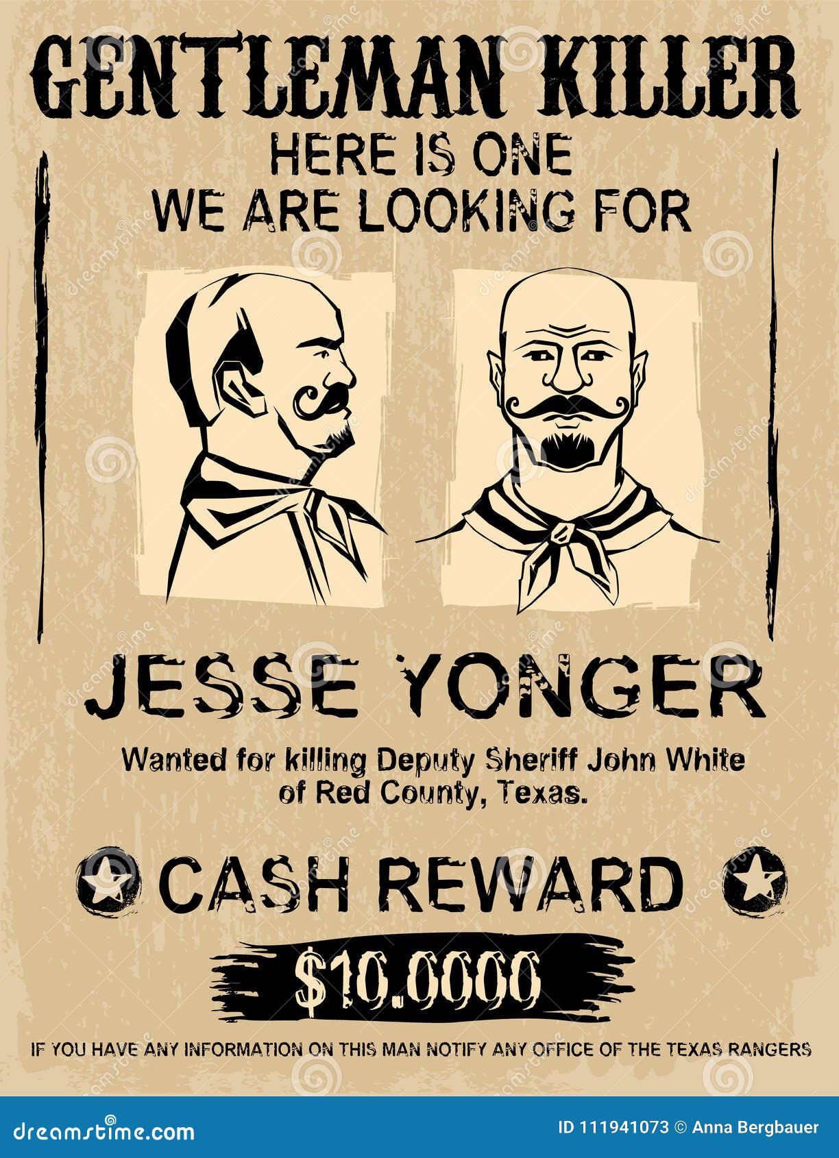 Vintage wanted poster. Vintage poster with hand drawn grunge lettering. Gentleman kiiler wanted. Stamp words made from unique letters. Beautiful vector illustration. Editable graphic element in beige and black colors.