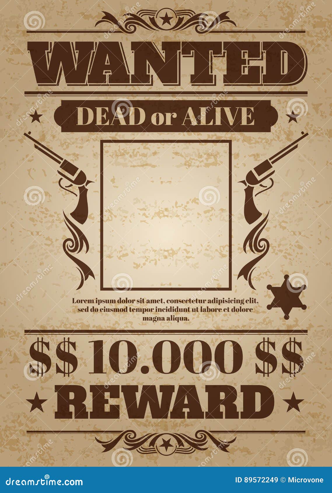 vintage wanted western poster with blank space for criminal photo.  mockup