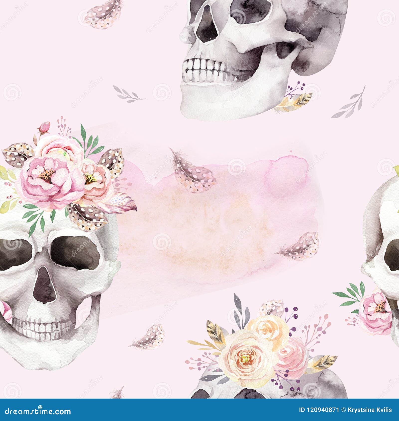 Vintage Watercolor Patterns with Skull and Roses, Wildflowers, Hand ...