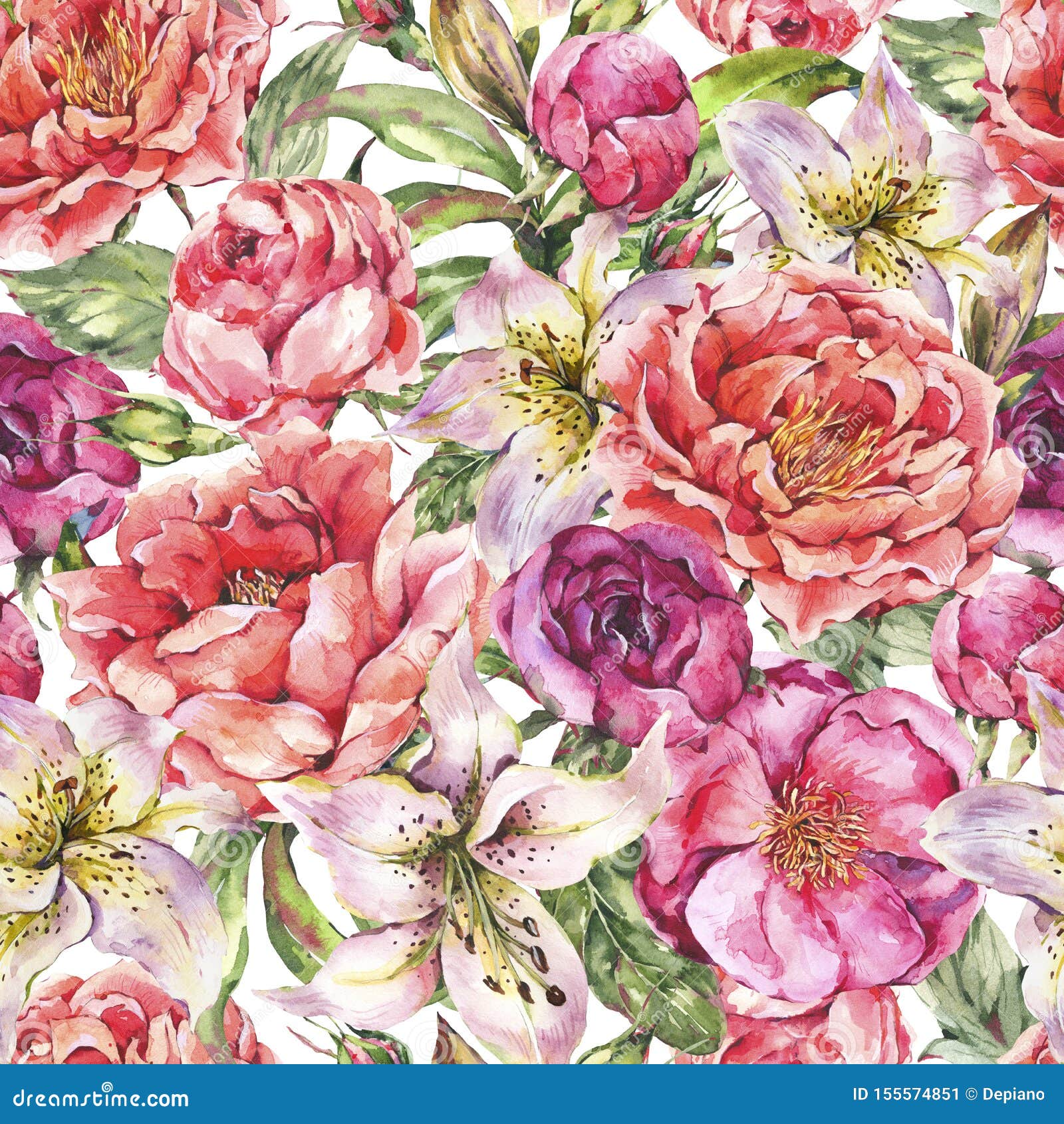 Vintage Watercolor Seamless Pattern with Blooming Flowers. Roses and ...