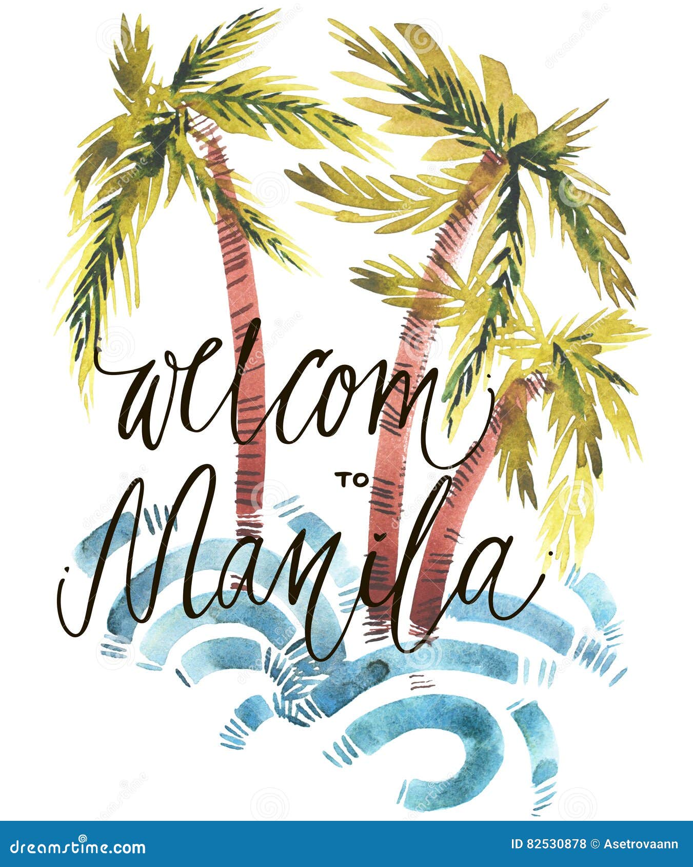 Vintage Watercolor Summer Welcom To Manila Print with Typography Design ...