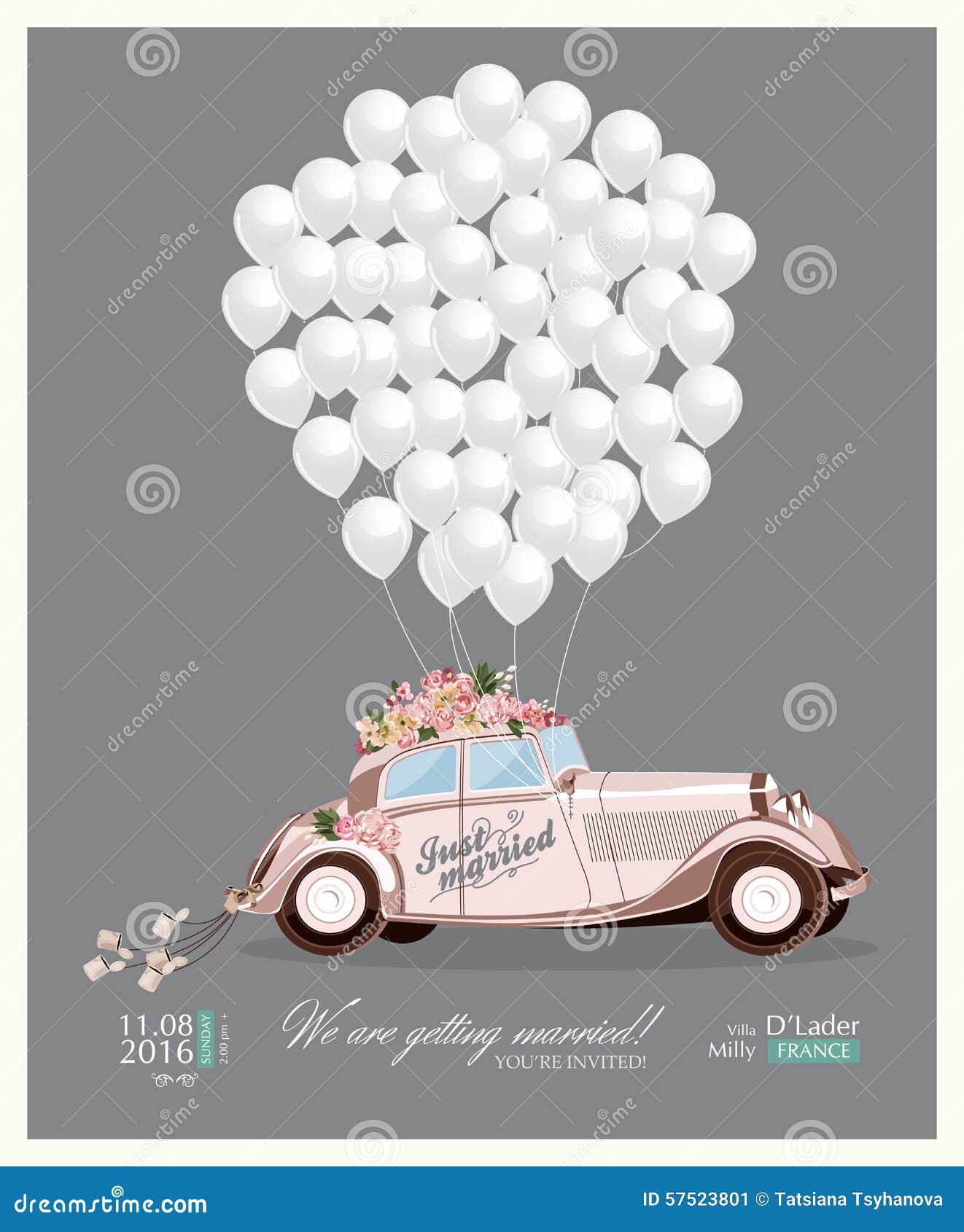 vintage wedding invitation with just married retro car and white balloons