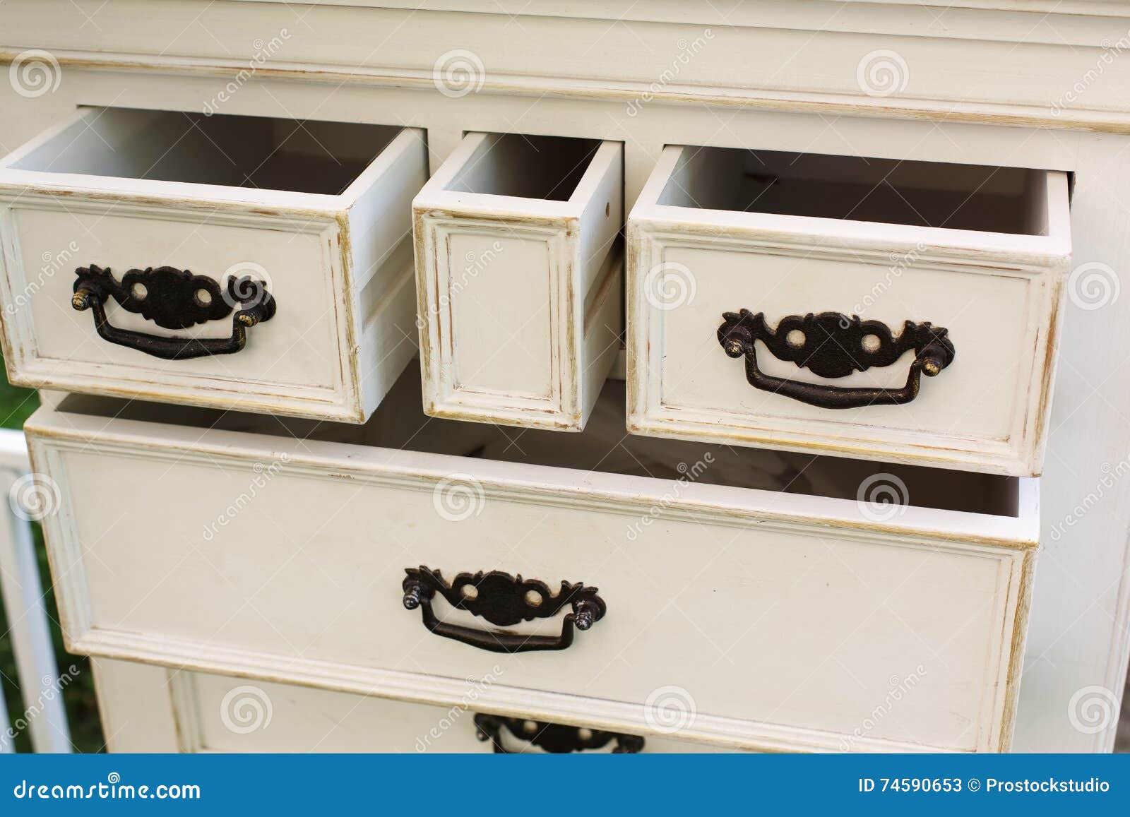 Vintage Wooden Chest Of Drawers With Black Metal Handles Open