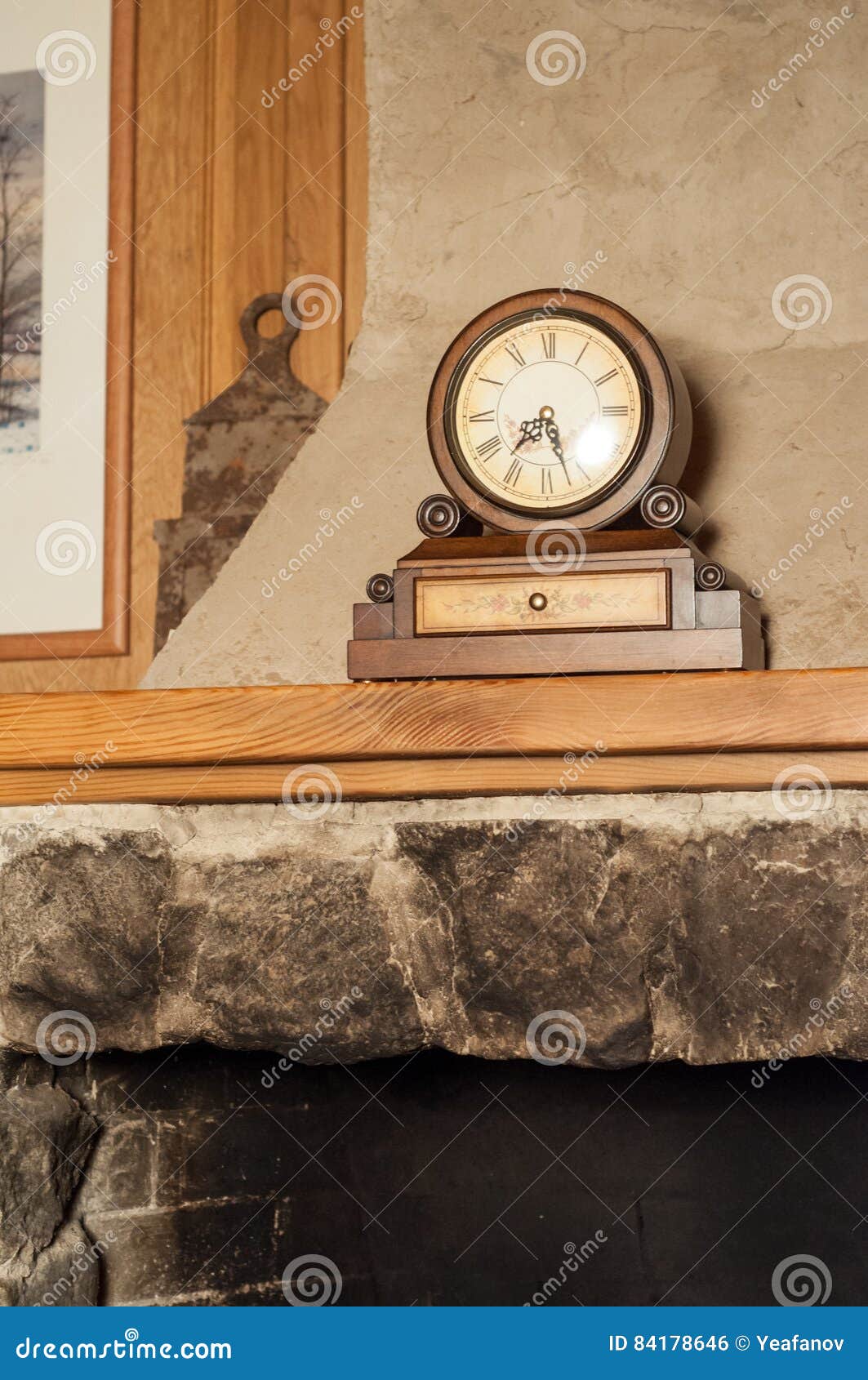 Vintage Wooden Clock on the Mantelpiece Stock Photo Image of object
