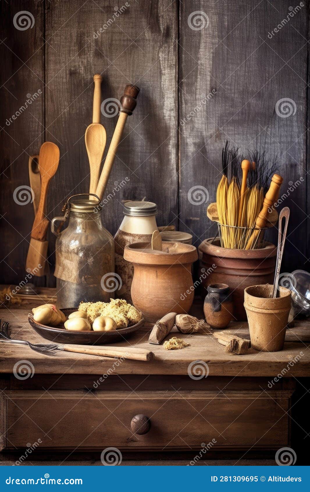 Vintage Wooden Kitchen Utensils on Rustic Table Stock Illustration