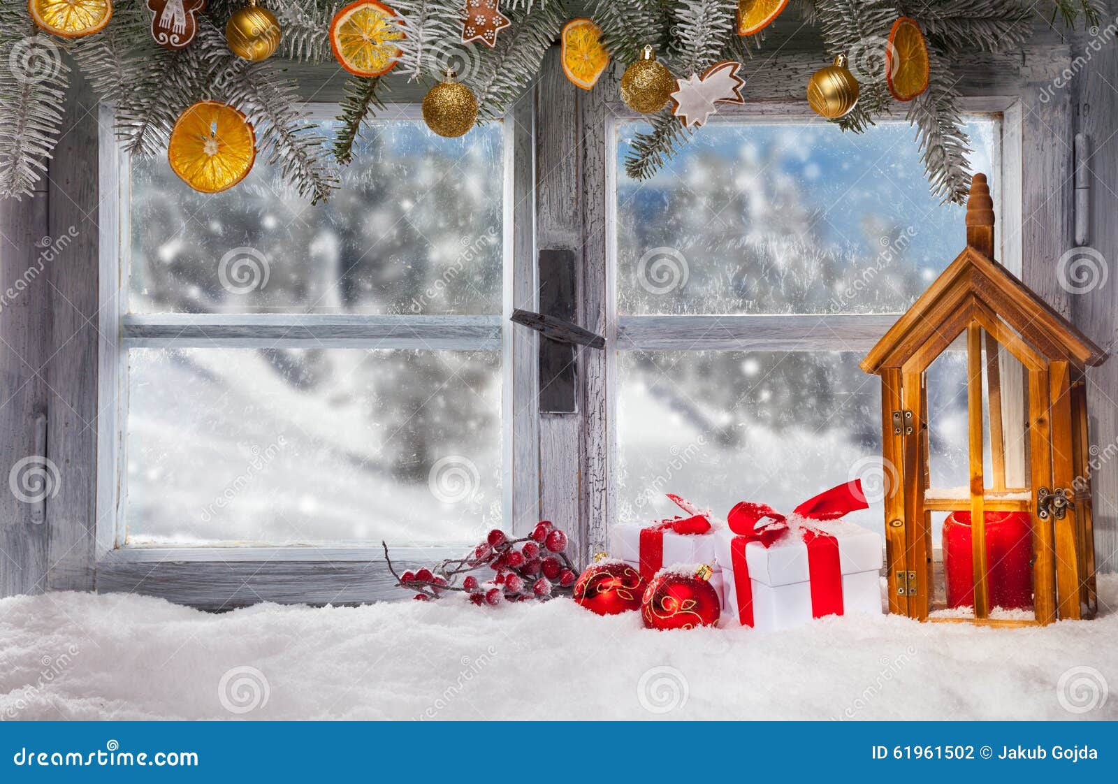 Vintage Wooden Window Overlook Winter Landscape Stock Photo - Image of ...