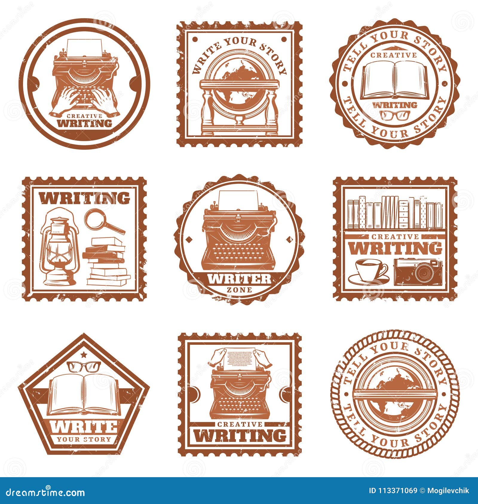 Vintage Writing Stamps Set stock vector. Illustration of stamp - 113371069