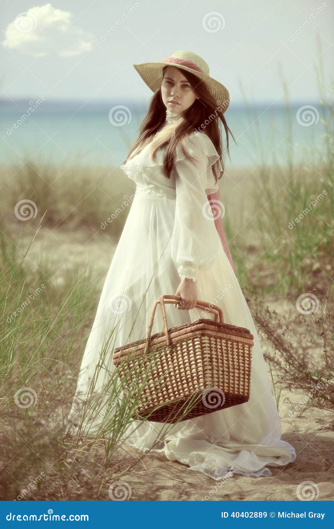 Vintage Young Lady Going for Picnic Stock Image Image of ocean, scarf