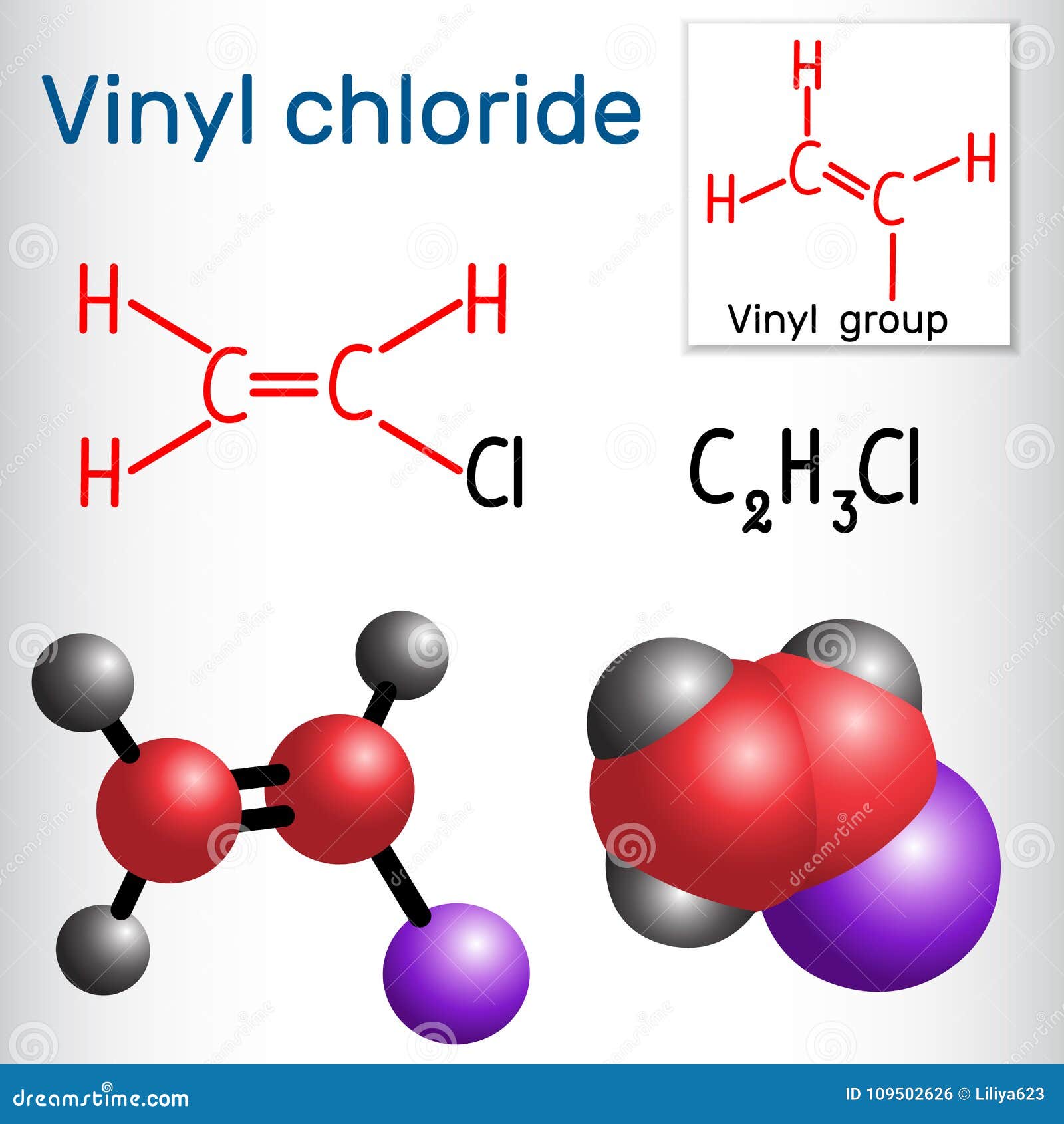 Vinyl Chloride Molecule. it is Also Called Vinyl Chloride Monomer (VCM) or Chloroethene. Chemical Formula and Vector - of formula, petrochemical: 109502626