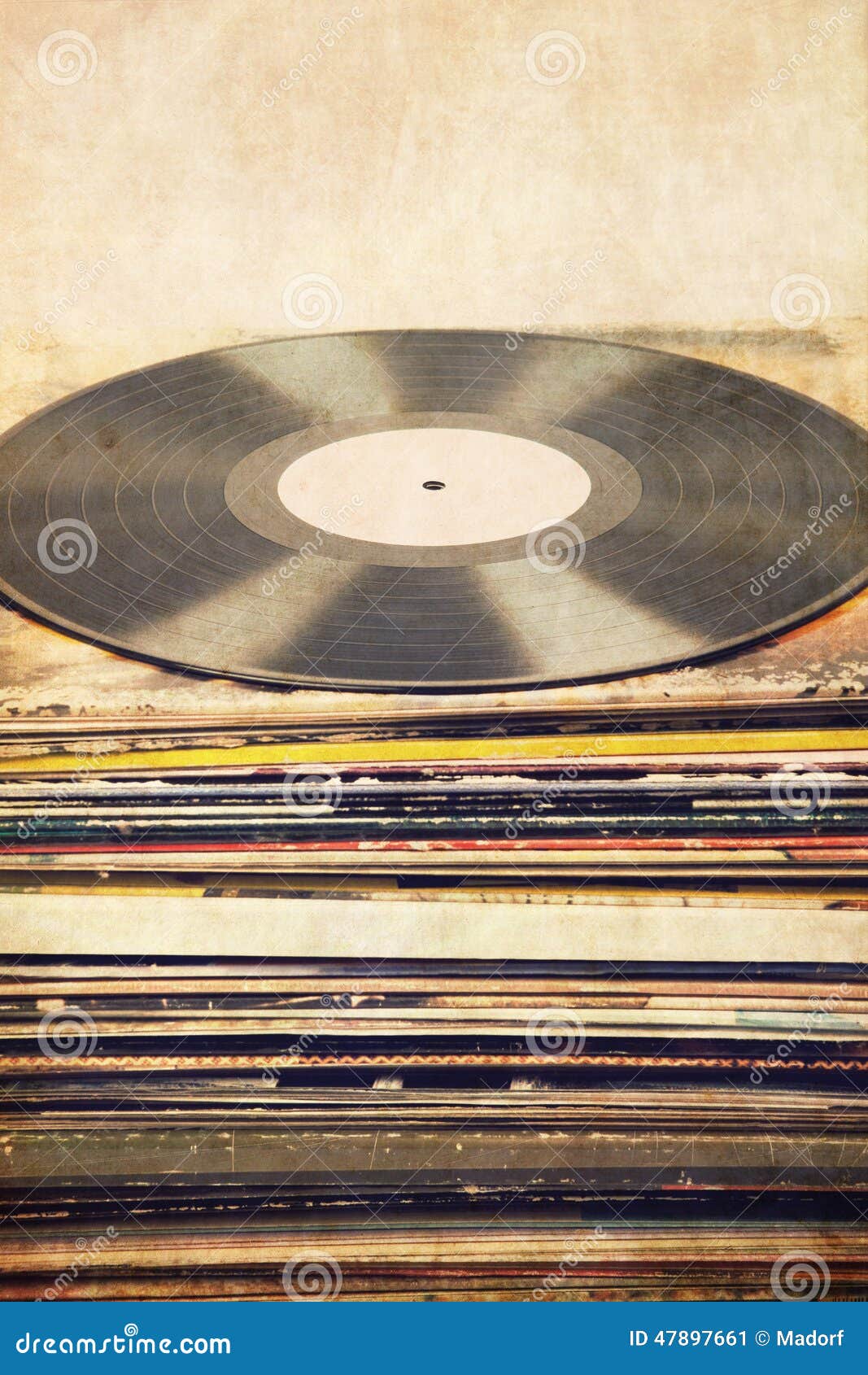 Vinyl Record On Tower Of Album Covers Textured Background Retro