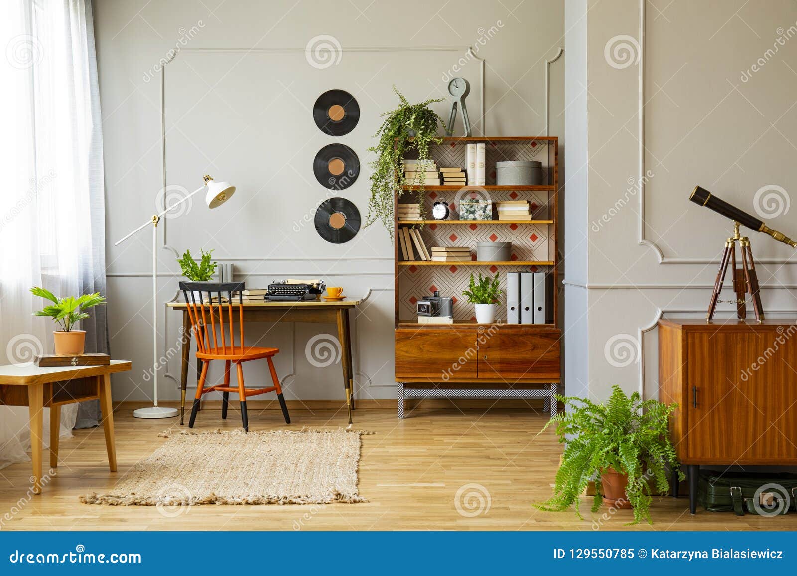 Vinyl Records Decorations On A Gray Wall With Molding And Wooden