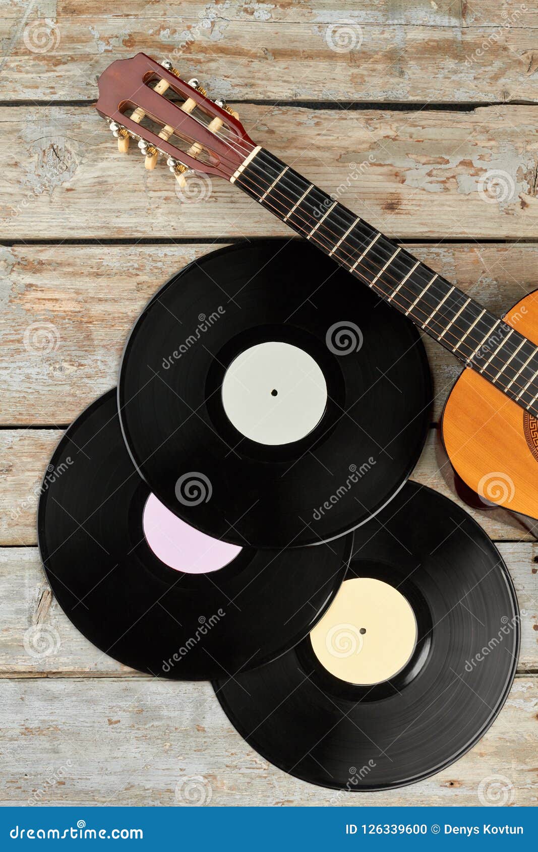 Vinyl Records and Wooden Guitar. Stock Photo - Image of melody, concert ...
